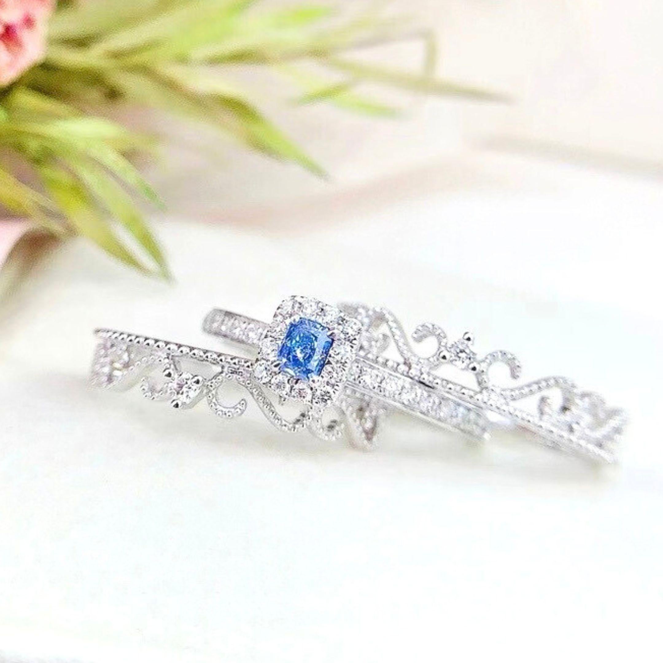 Cushion Cut 18K White Gold Fancy Blue Diamond & Diamond Lace Ring For Sale