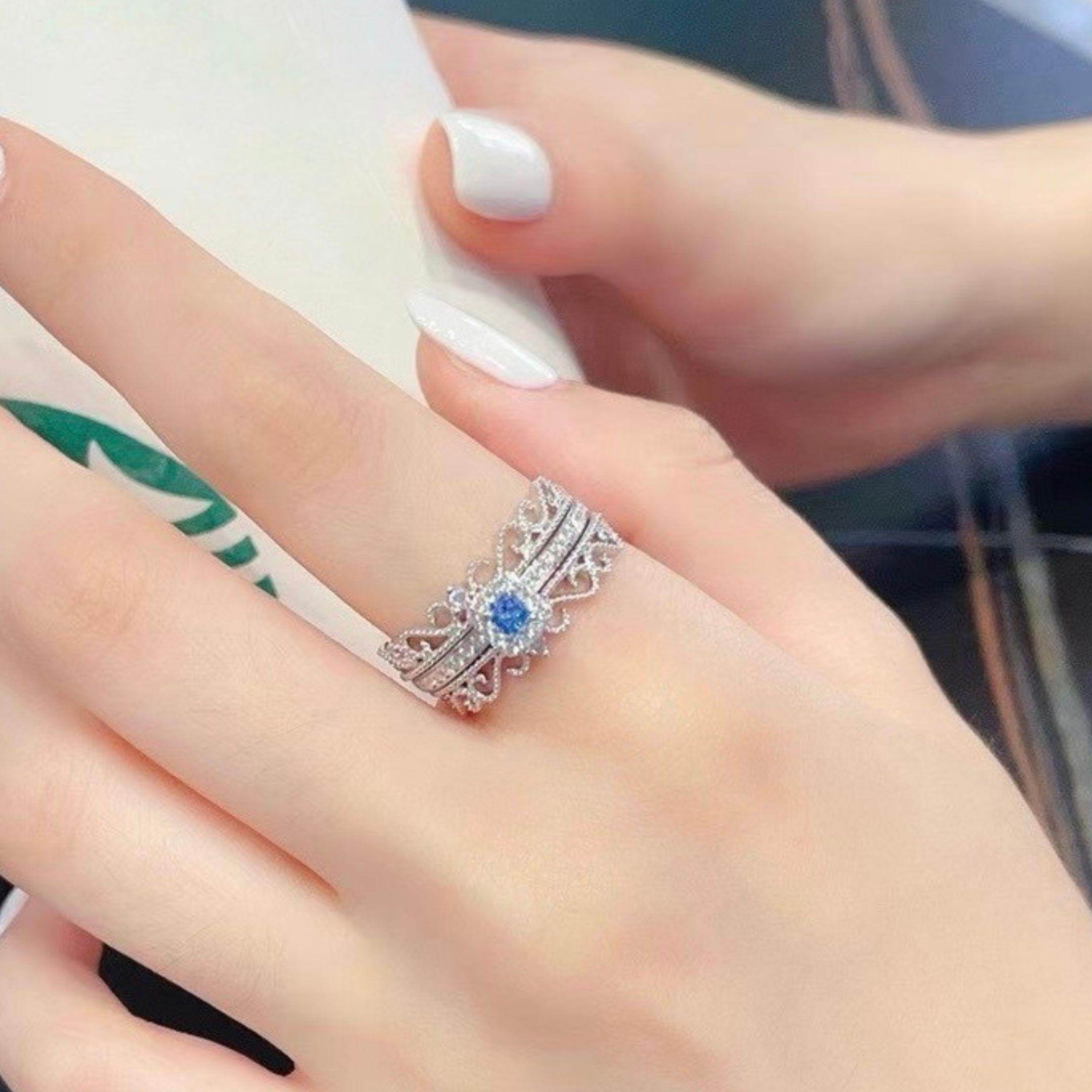 Women's or Men's 18K White Gold Fancy Blue Diamond & Diamond Lace Ring For Sale
