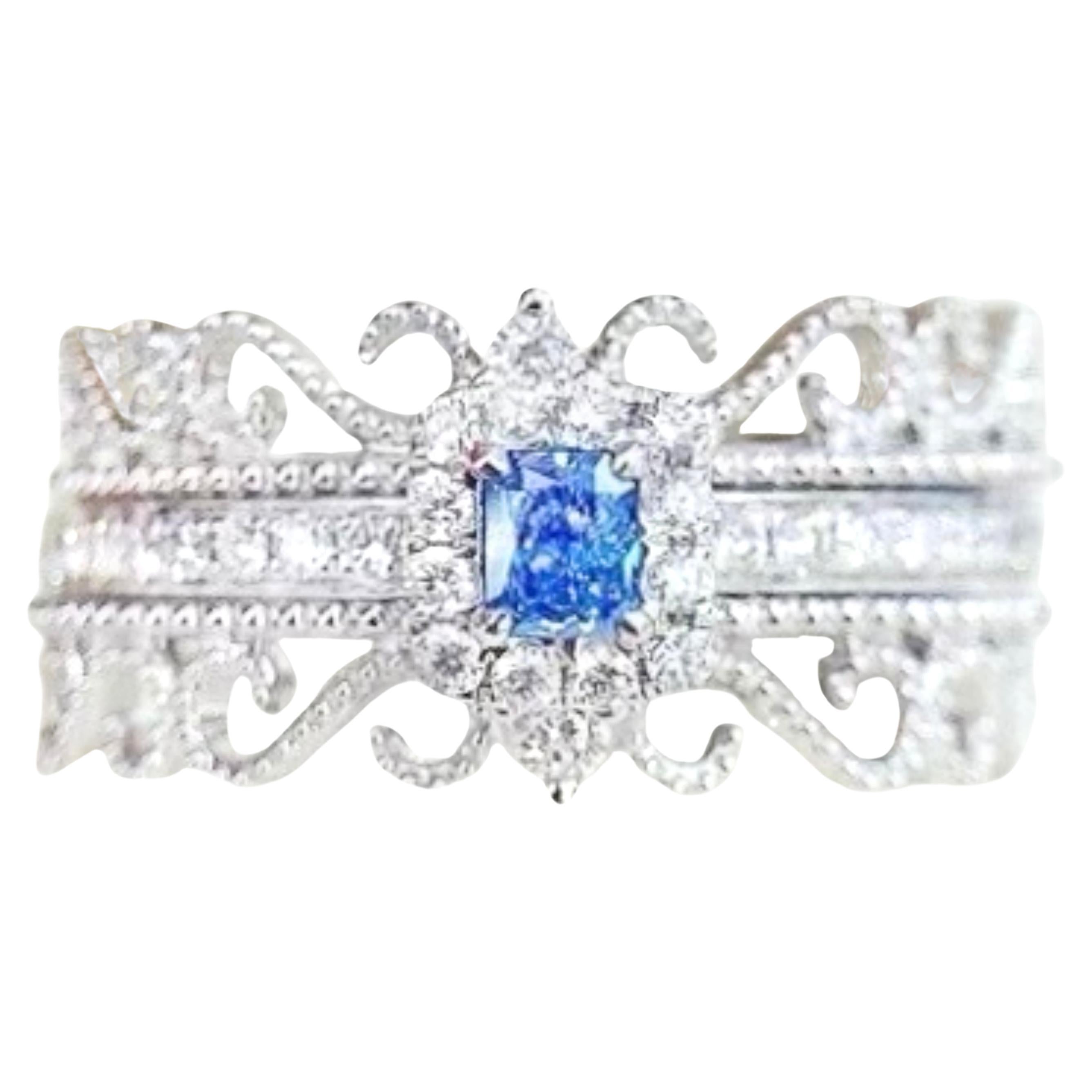 18K White Gold Fancy Blue Diamond & Diamond Lace Ring
