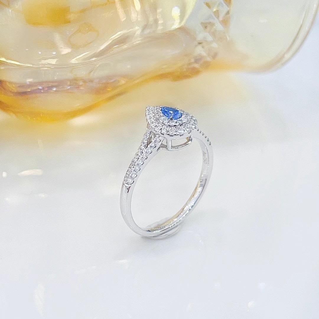 Pear Cut 18K White Gold Fancy Blue Diamond & Diamond Ring For Sale