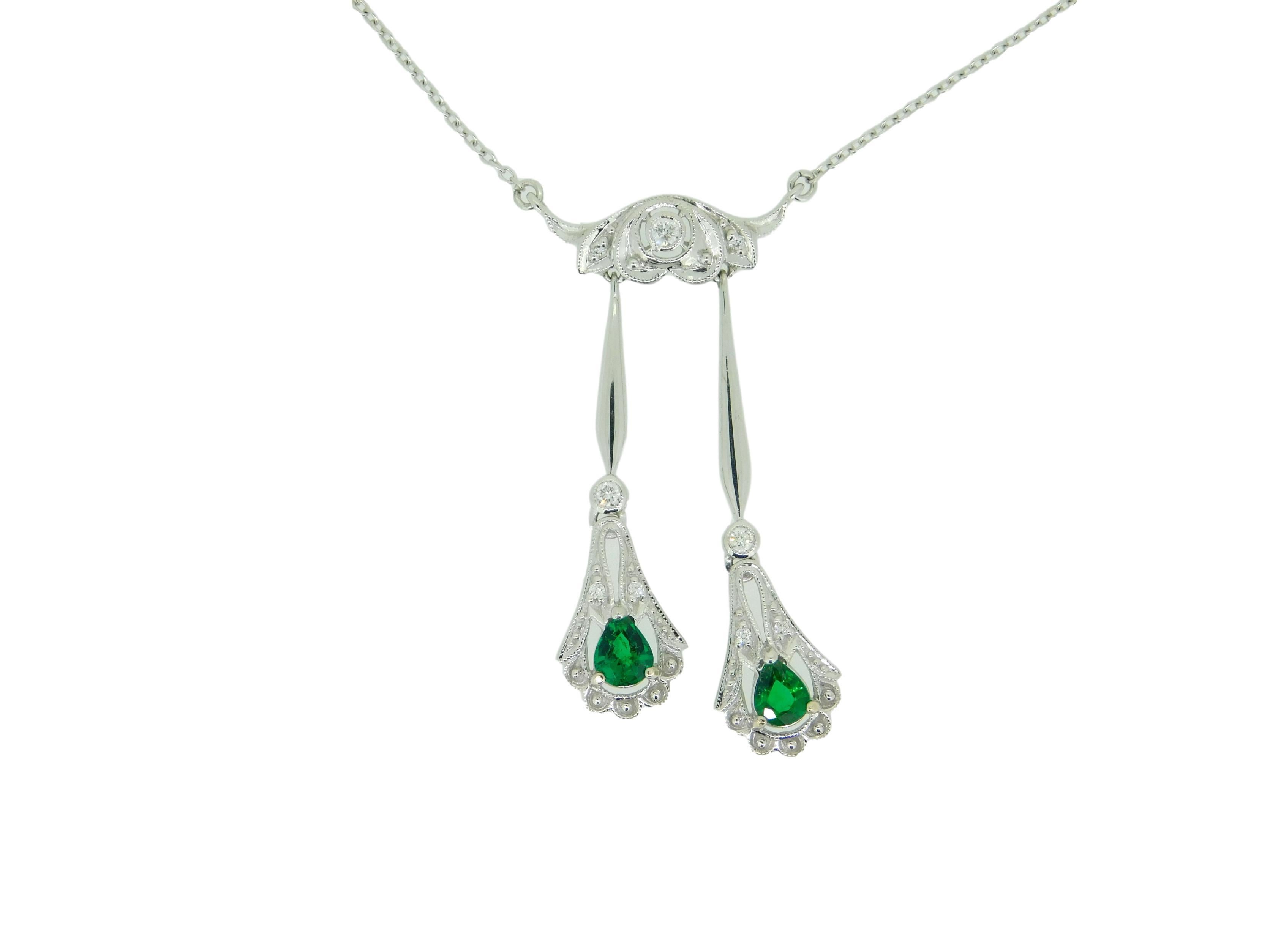 Contemporary 18k White Gold Fancy Drop Genuine Natural Emerald and Diamond Necklace '#J4719' For Sale