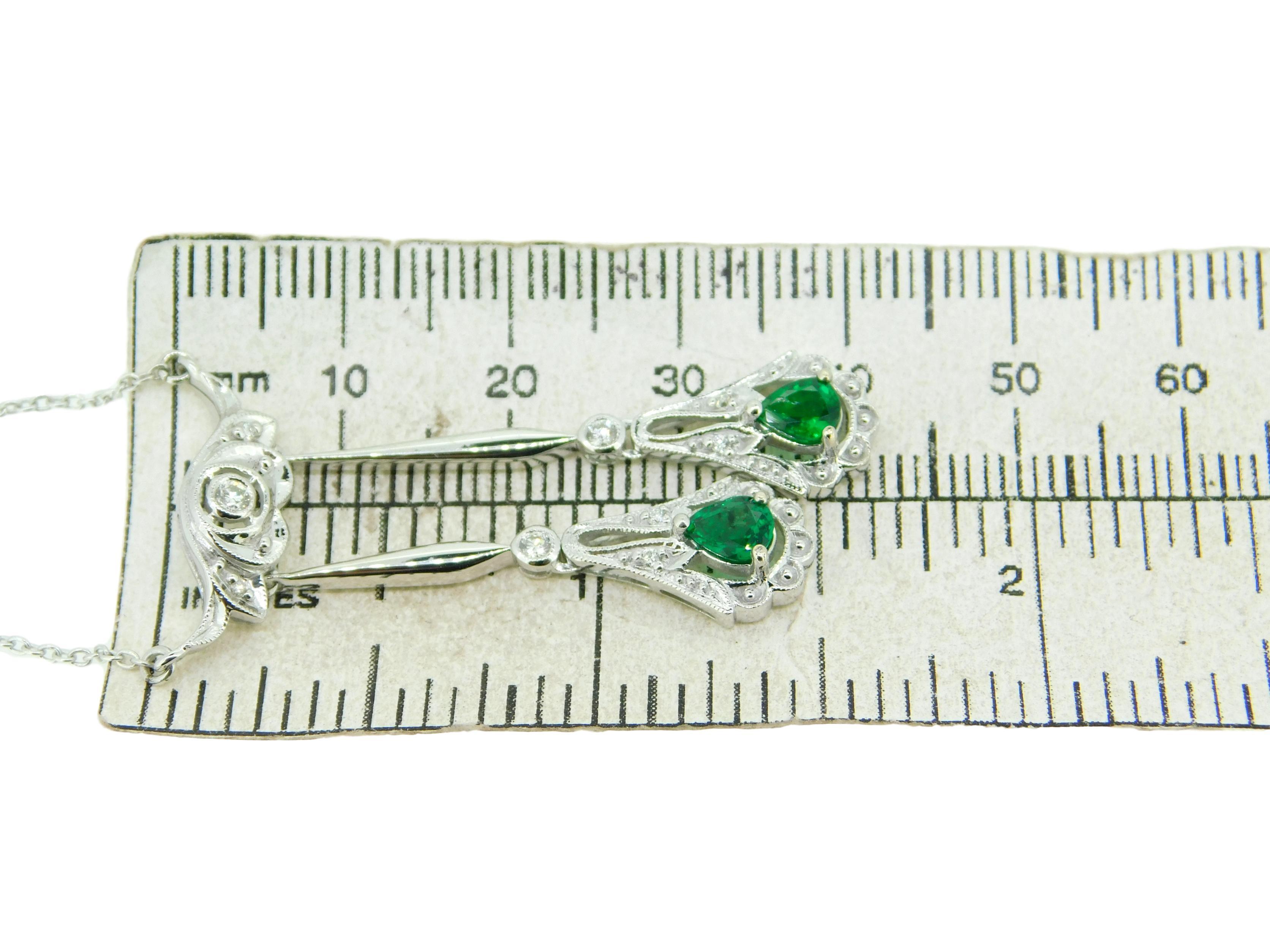 18k White Gold Fancy Drop Genuine Natural Emerald and Diamond Necklace '#J4719' In Excellent Condition For Sale In Big Bend, WI