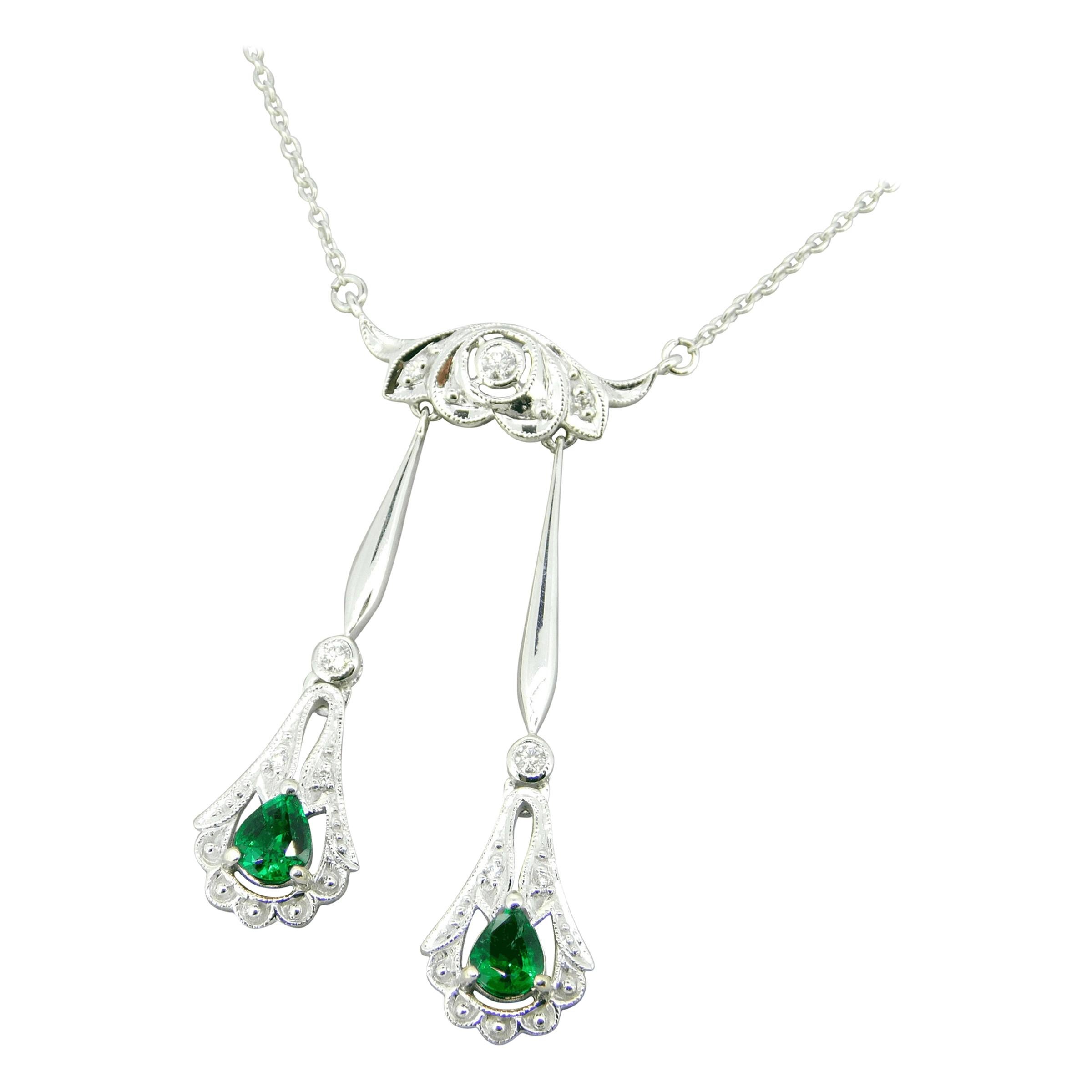 18k White Gold Fancy Drop Genuine Natural Emerald and Diamond Necklace '#J4719' For Sale