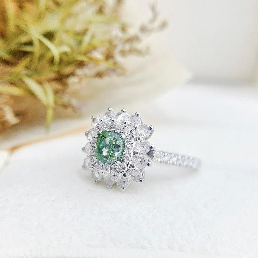 Cushion Cut 18K White Gold Fancy Green Diamond & Diamond Cocktail Ring For Sale