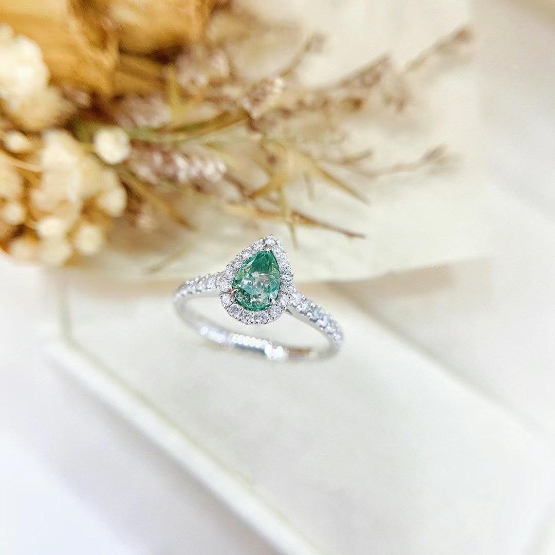 Pear Cut 18K White Gold Fancy Green Diamond & Diamond Ring For Sale