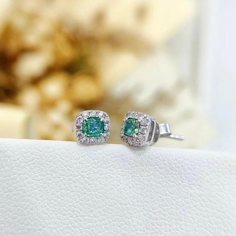 Cushion Cut 18K White Gold Fancy Green Diamond & Diamond Stud Earrings For Sale