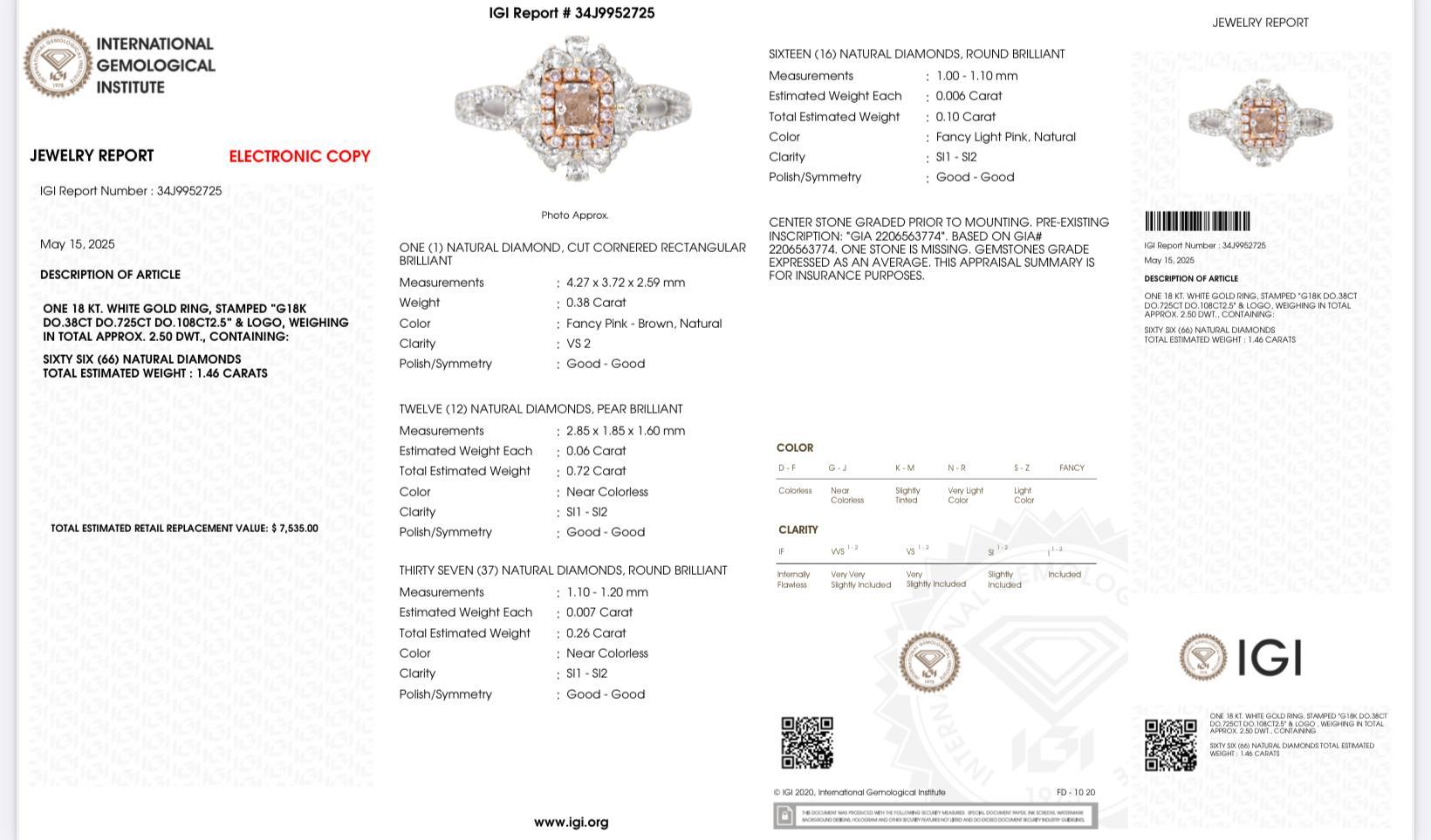 18K White Gold Fancy Pink-Brown Diamond Halo Ring 1.46 Cts. GIA / IGI Certified In condizioni buone in vendita a Media, PA