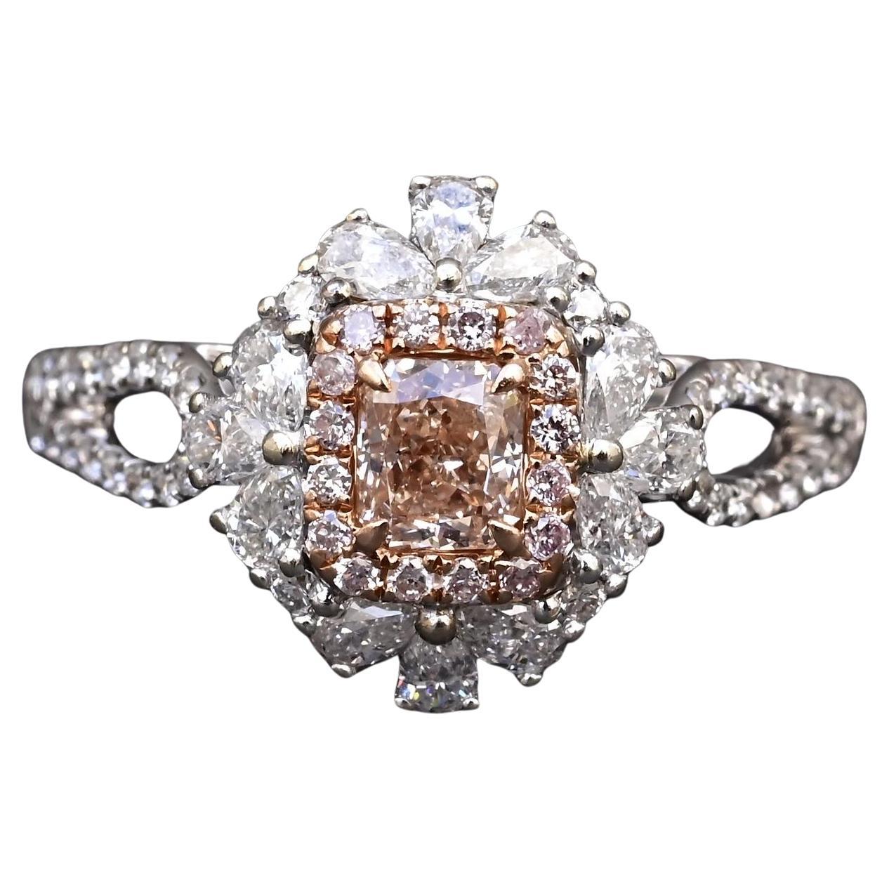 18K White Gold Fancy Pink-Brown Diamond Halo Ring 1.46 Cts. GIA / IGI Certified