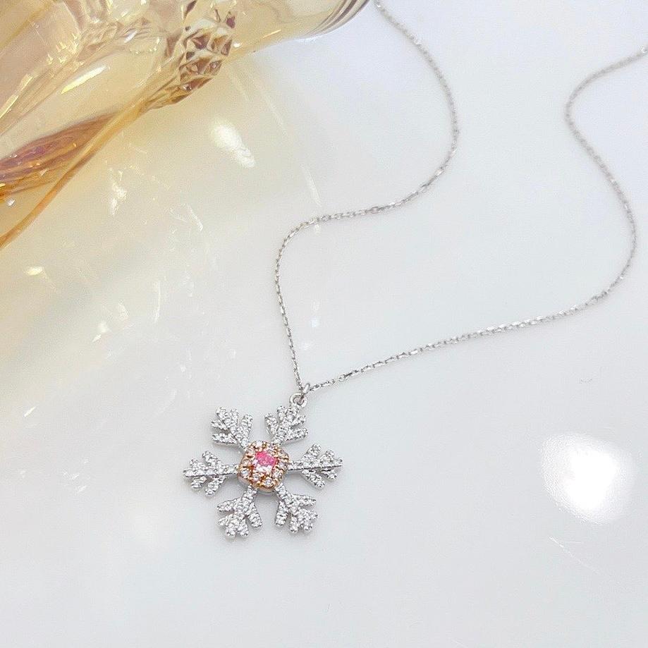 Cushion Cut 18K White Gold Fancy Pink Diamond Snowflake Pendant Necklace For Sale