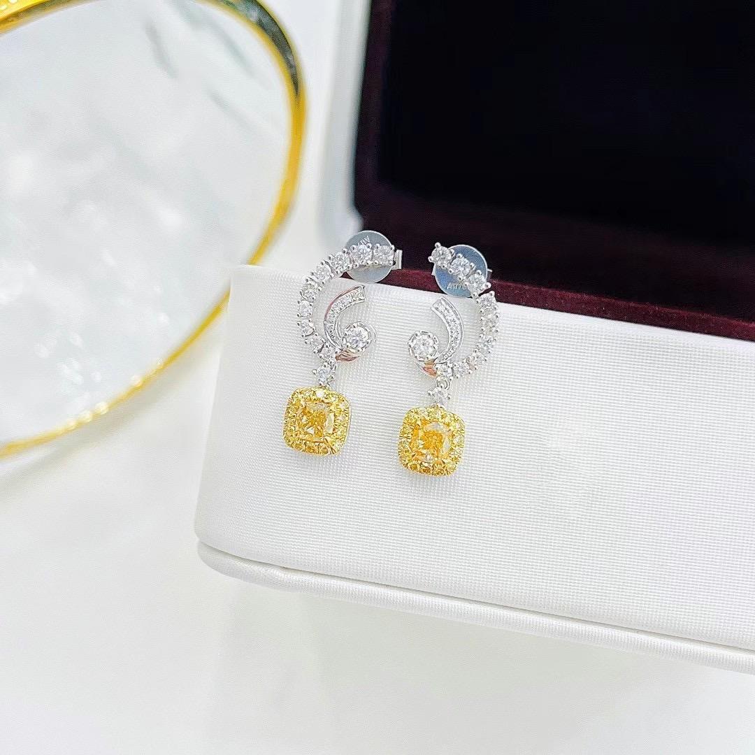 Modern 18K White Gold Fancy Yellow Diamond & Diamond Earrings For Sale