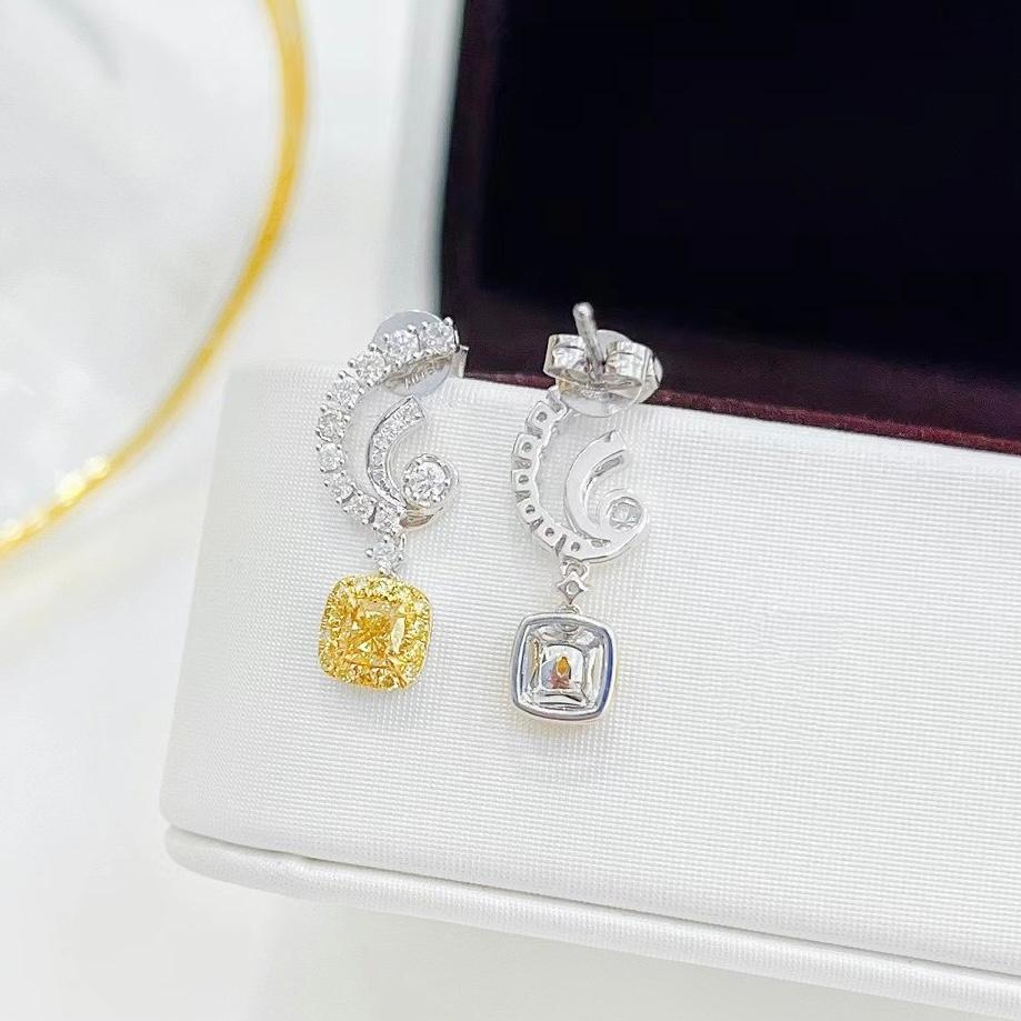 Cushion Cut 18K White Gold Fancy Yellow Diamond & Diamond Earrings For Sale