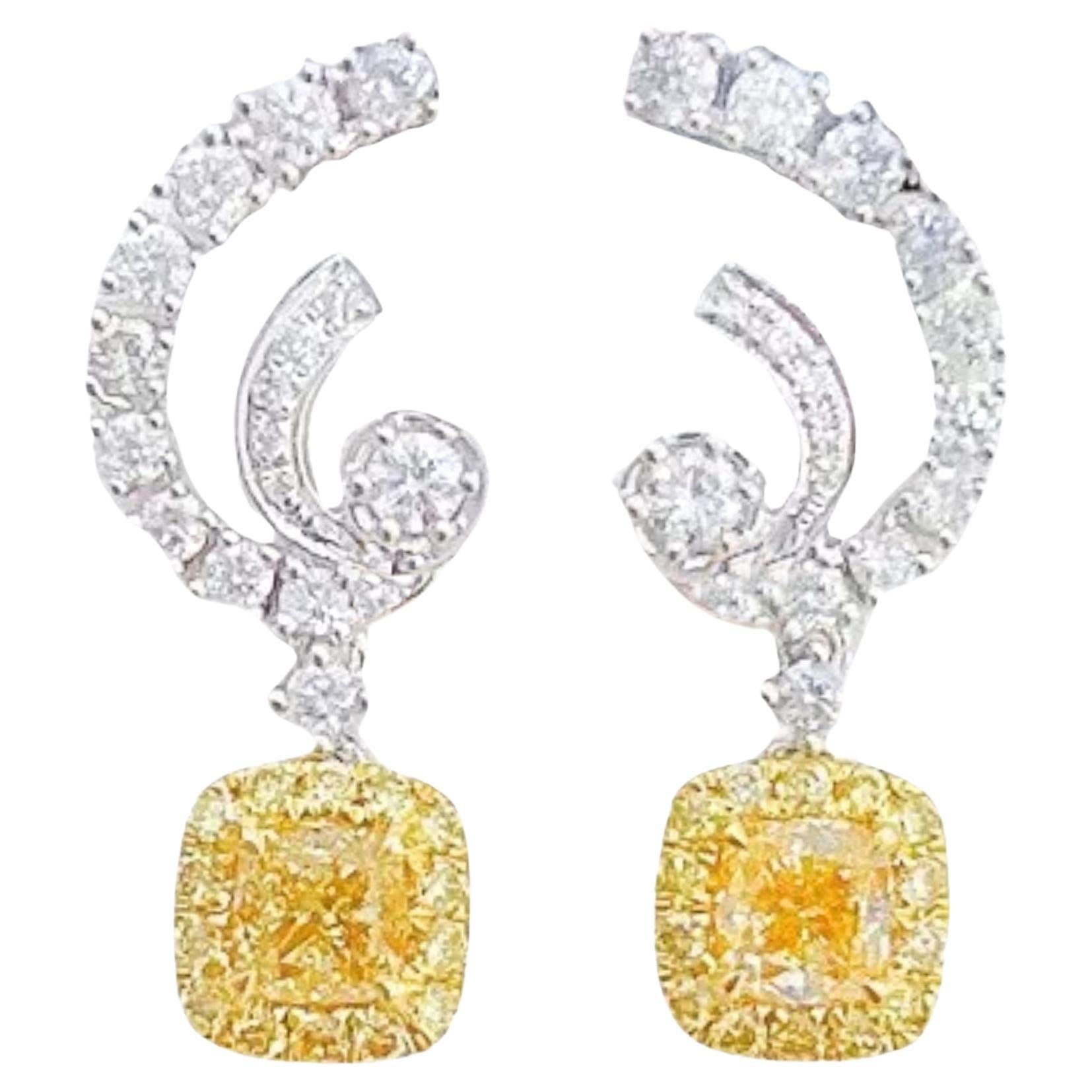 18K White Gold Fancy Yellow Diamond & Diamond Earrings For Sale