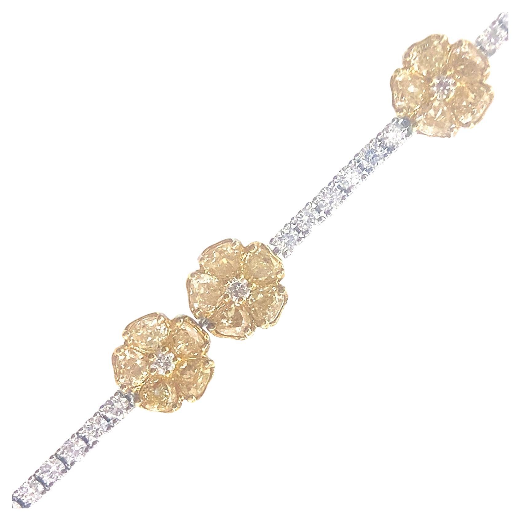 18K White Gold Fancy Yellow Diamond & Diamond Flower Bracelet