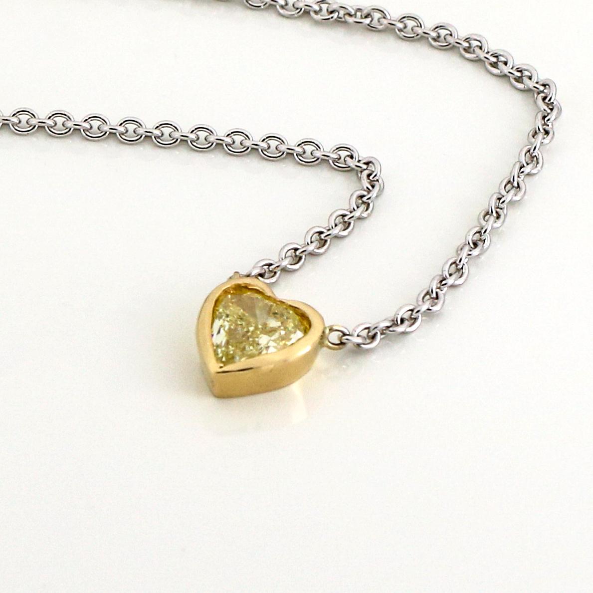 Contemporary 18 Karat White Gold Fancy Yellow Heart Cut Diamond Necklace For Sale