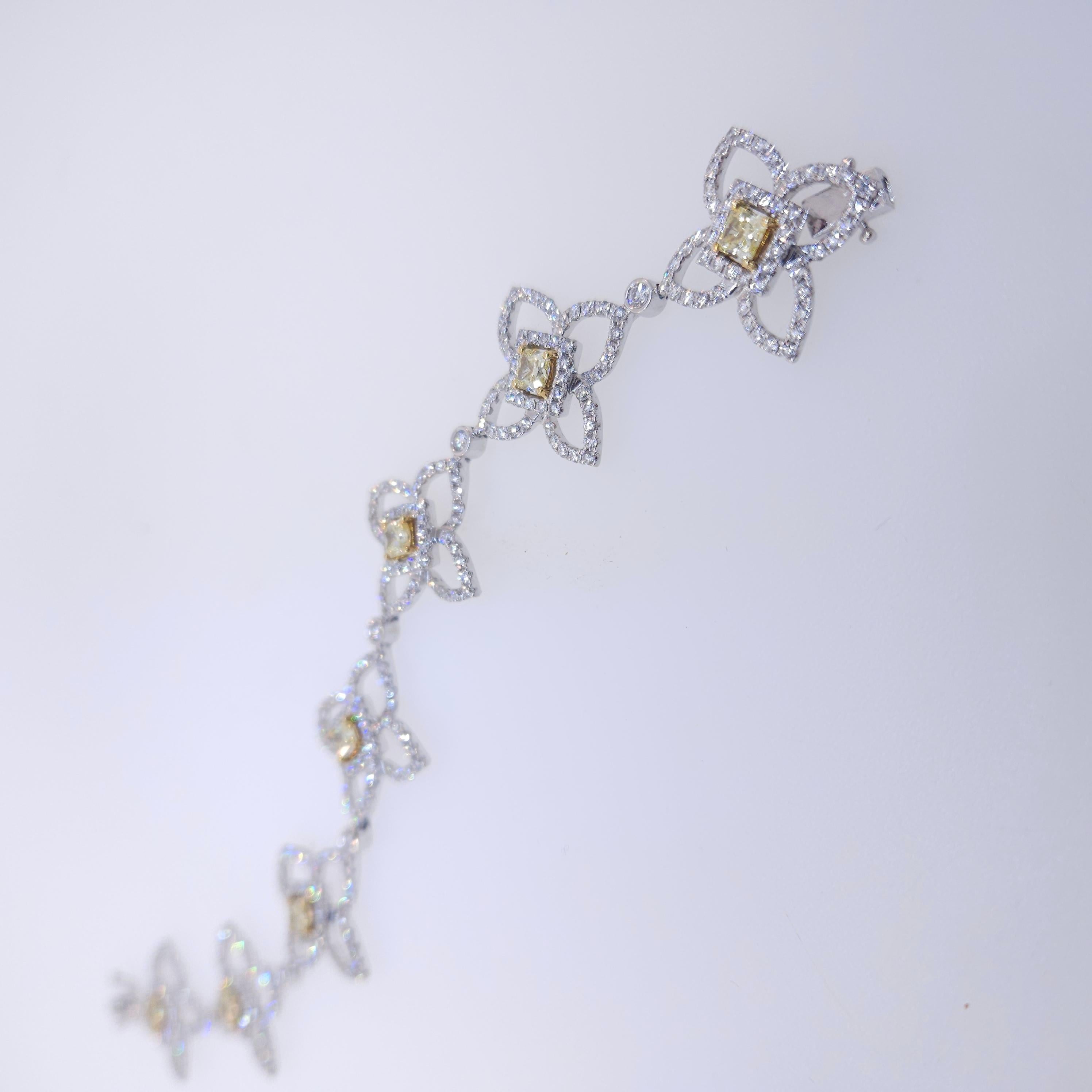Contemporary 18k White Gold Fancy Yellow Radiant Cut & Round Diamond Bracelet By Luca For Sale