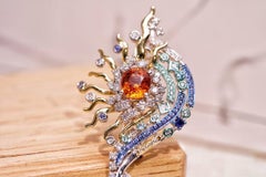 18K White Gold Fanta Garnet & Sapphire Pendant & Brooch with Diamonds