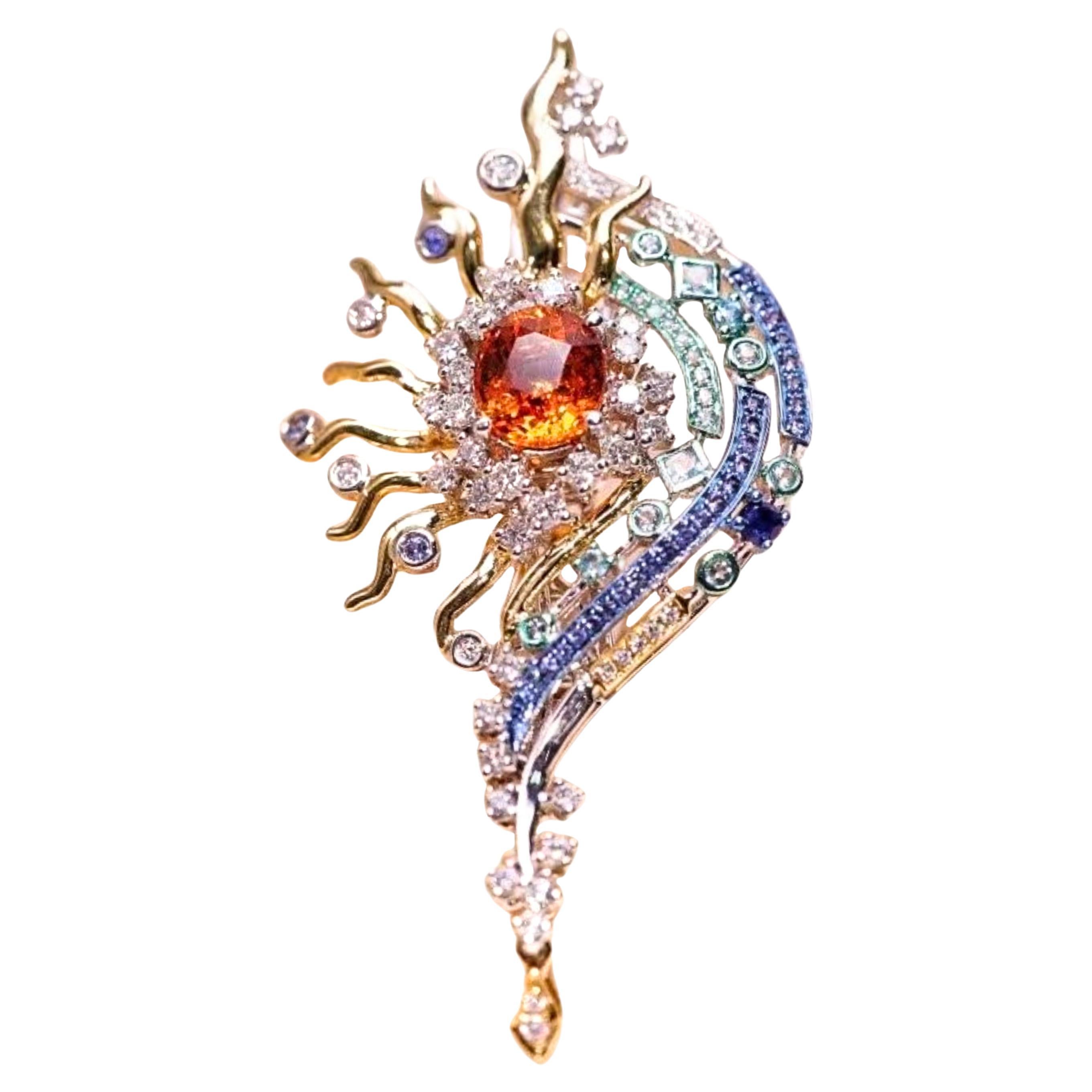 18K White Gold Fanta Garnet & Sapphire Pendant & Brooch with Diamonds