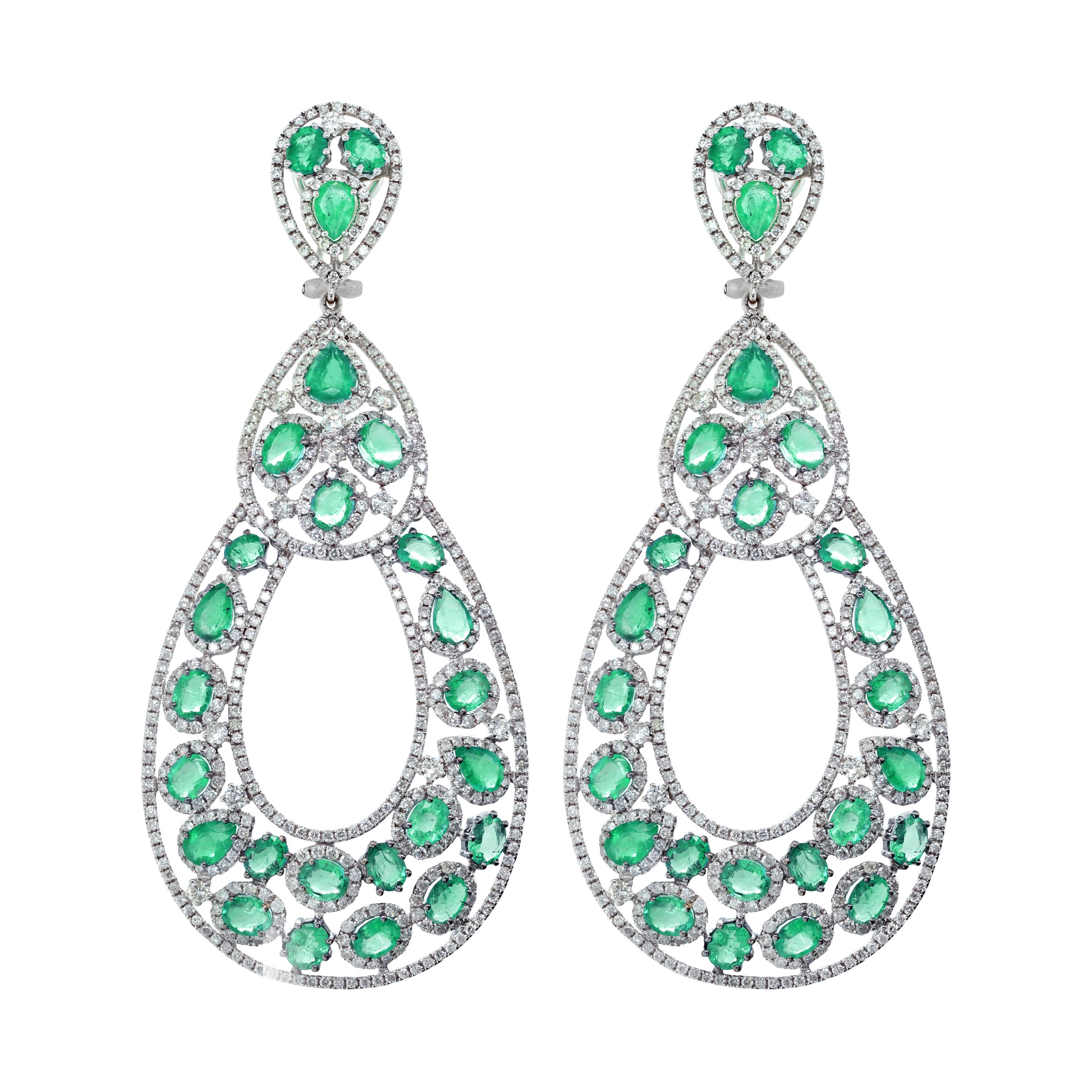 Diana M. 18k White Gold Earrings with Diamonds and 18.40 Carats Green Emeralds For Sale