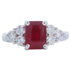 18K White Gold Fashion Emerald Cut Ruby Diamond Ring 