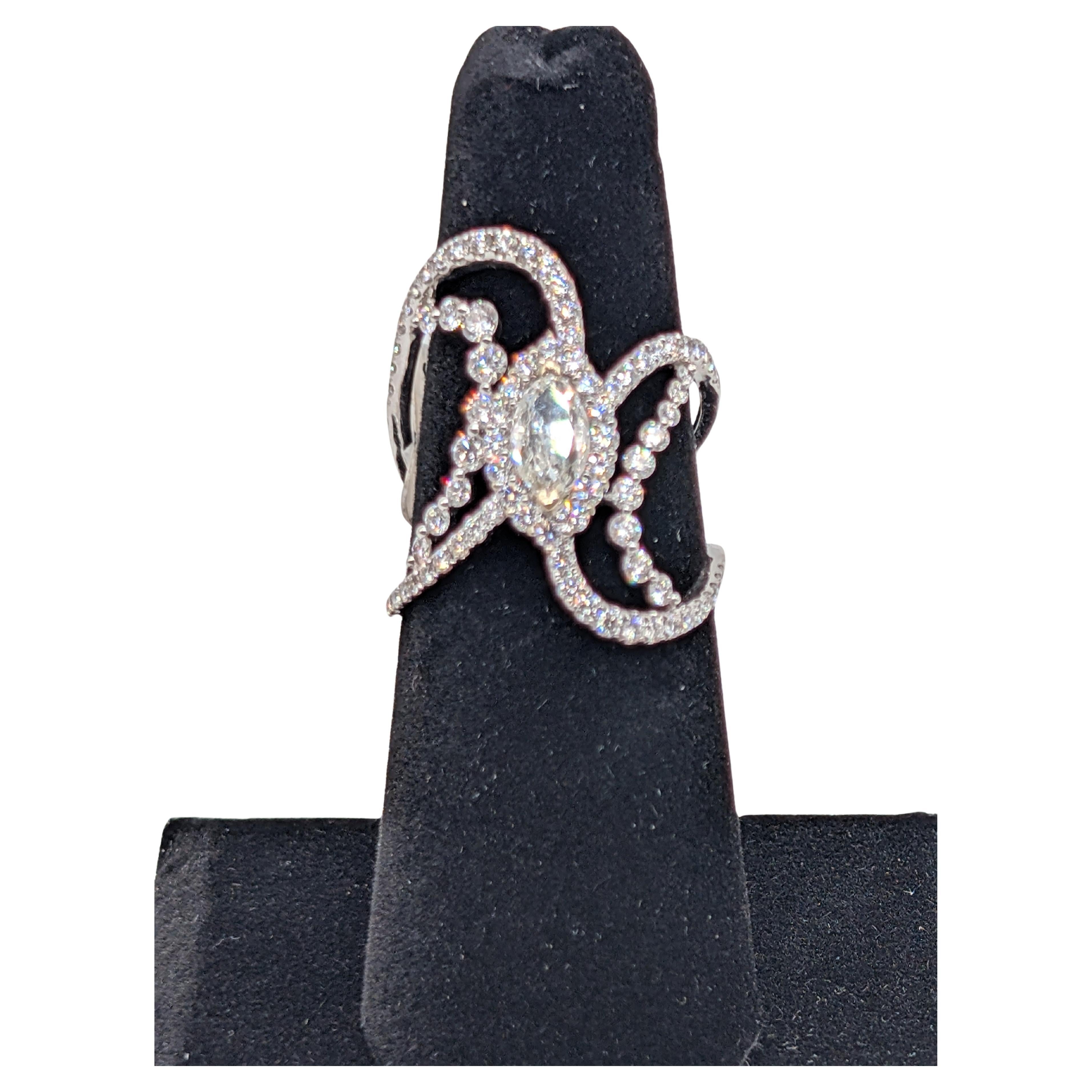 18k White Gold Fashion Ring Featuring Brilliant Round and Marquise Diamonds