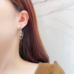 18K White Gold Feather Drop Earrings with Natural Yellow and White Diamonds