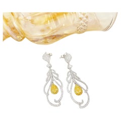 18K White Gold Feather Drop Earrings with Natural Yellow and White Diamonds