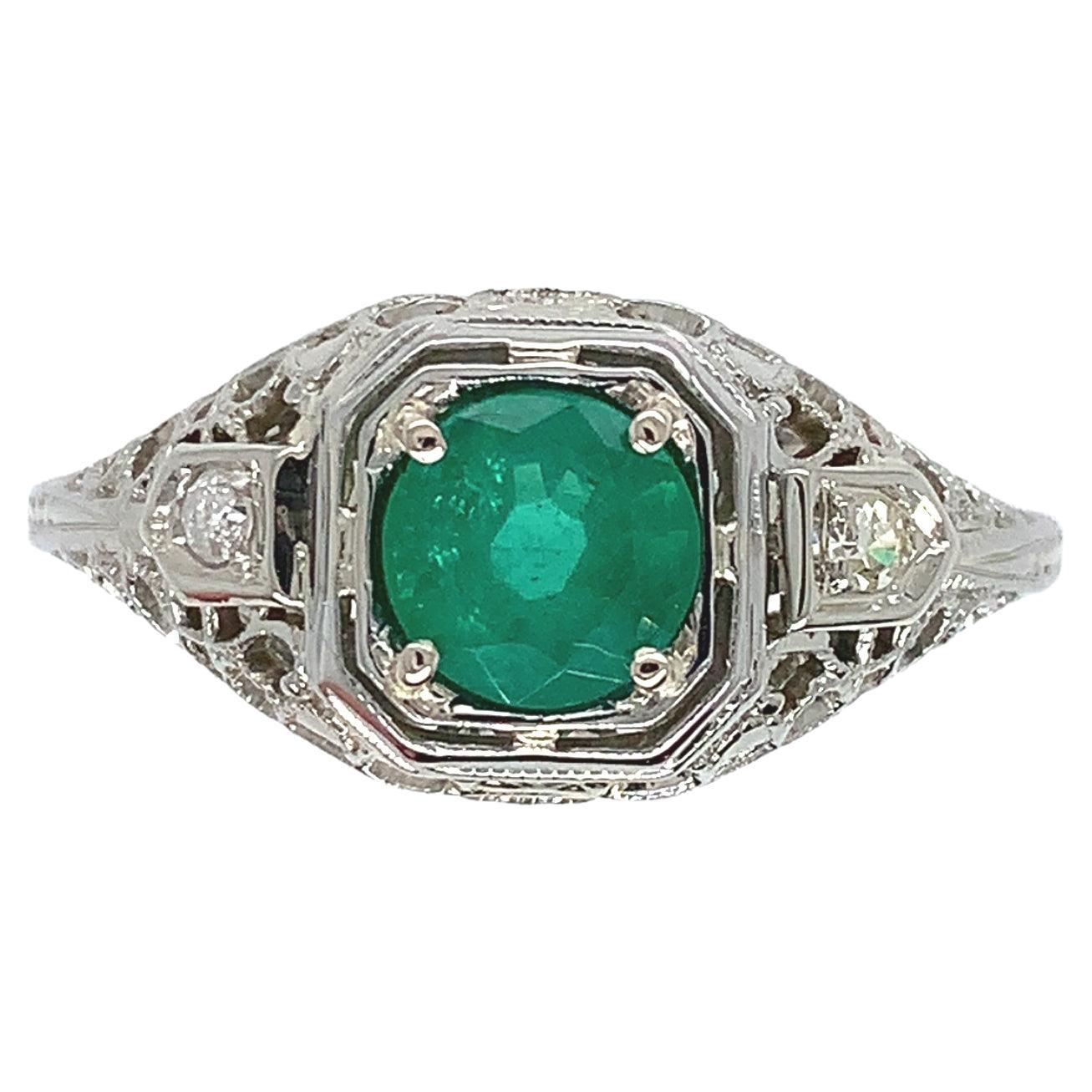 18K white gold Filigree Deco .55ct Emerald Ring For Sale