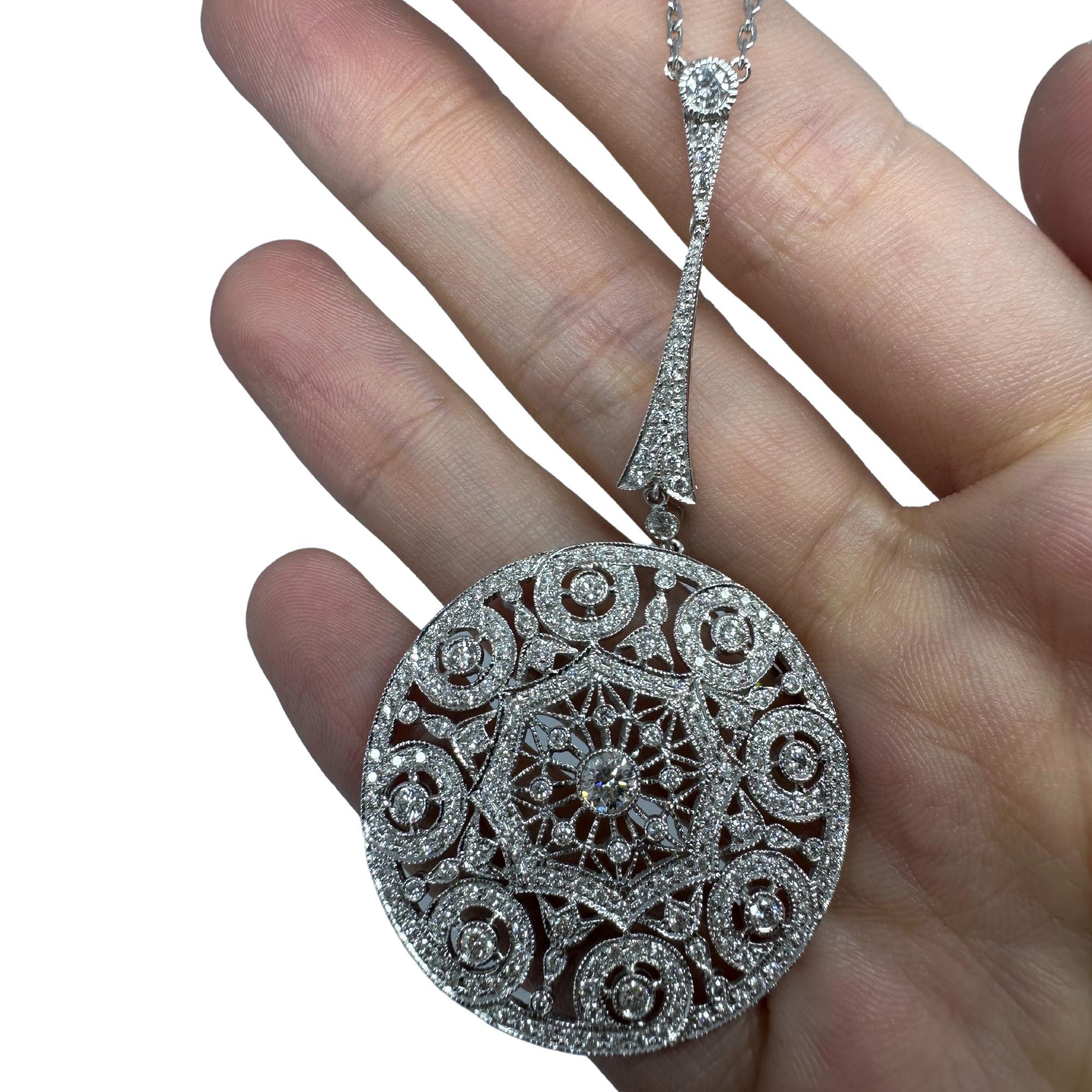 18K White Gold Filigree Diamond Pendant Necklace For Sale 1