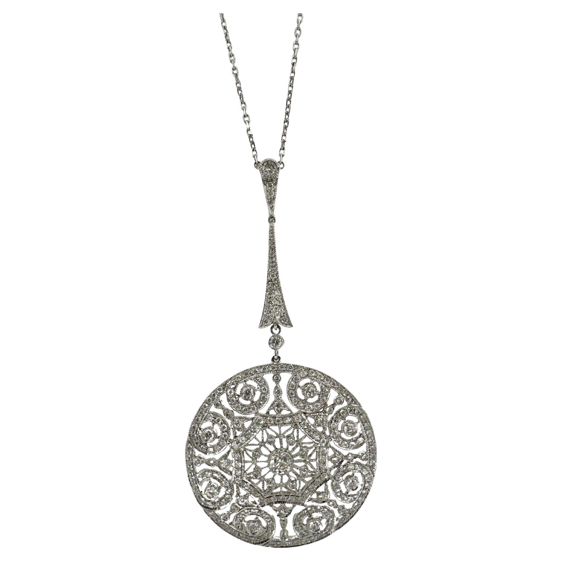 18K White Gold Filigree Diamond Pendant Necklace For Sale