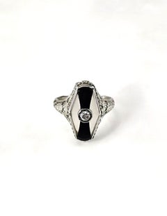 18K White Gold Filigree Onyx and Diamond Ring Size 5 #25242