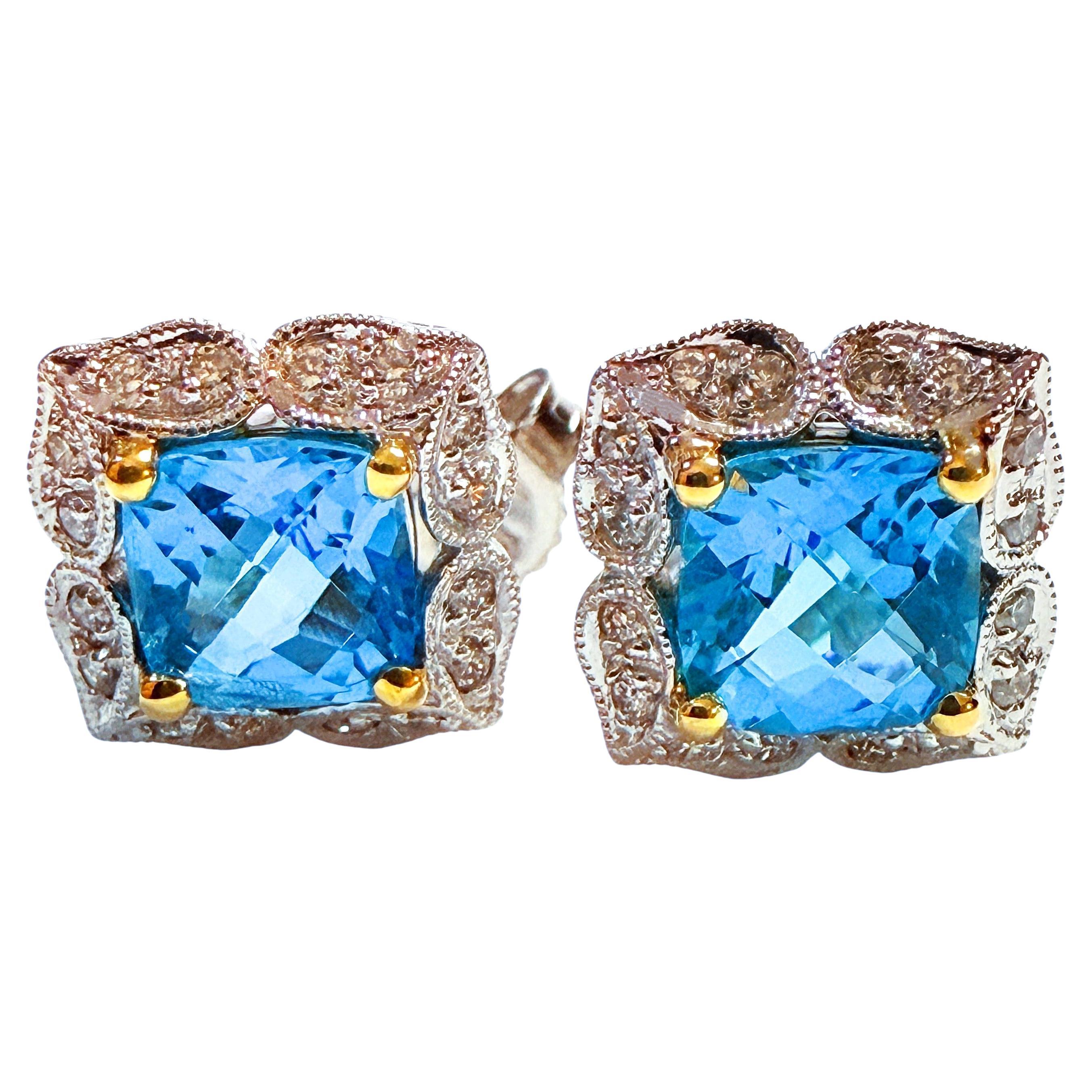 18k White Gold Filigree Topaz Diamond Earrings 3.75g en venta