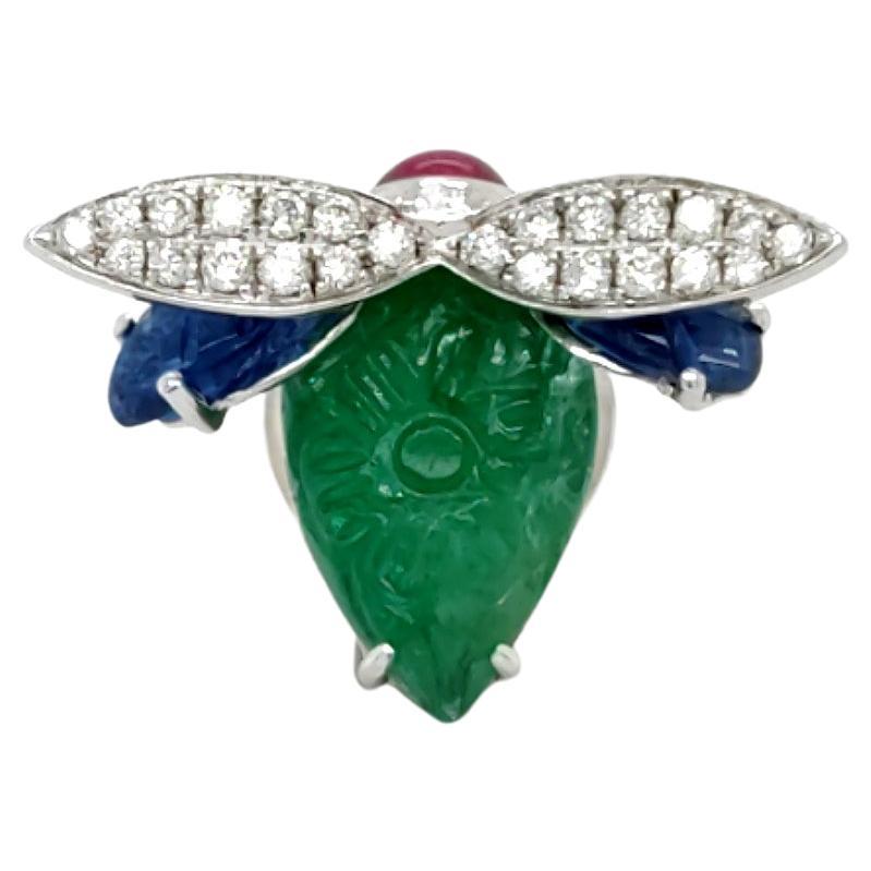 18K White Gold Firefly Emerald and Diamond Brooch
