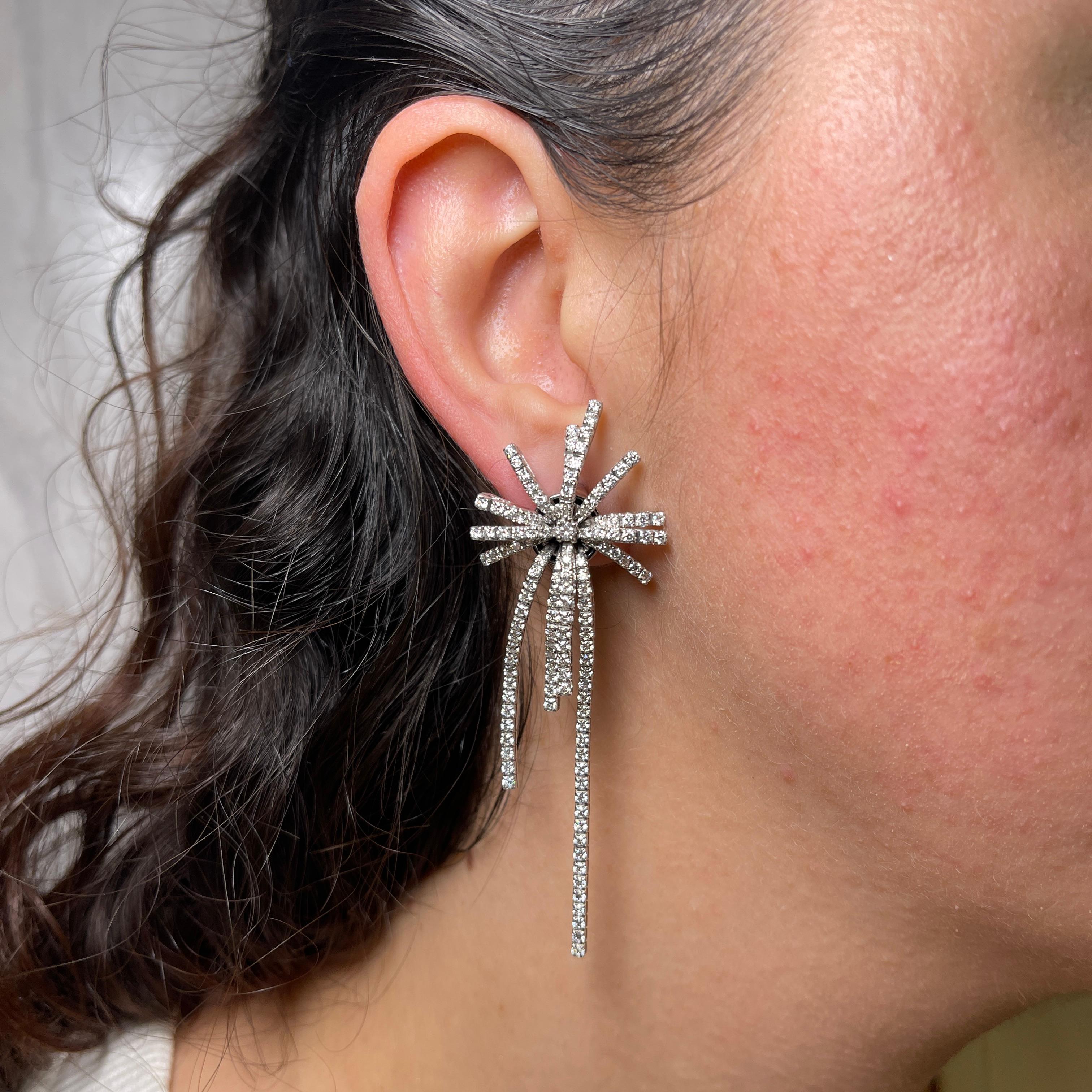 Women's or Men's 18K White Gold Fireworks-Inspired Earrings with Natural Diamonds For Sale