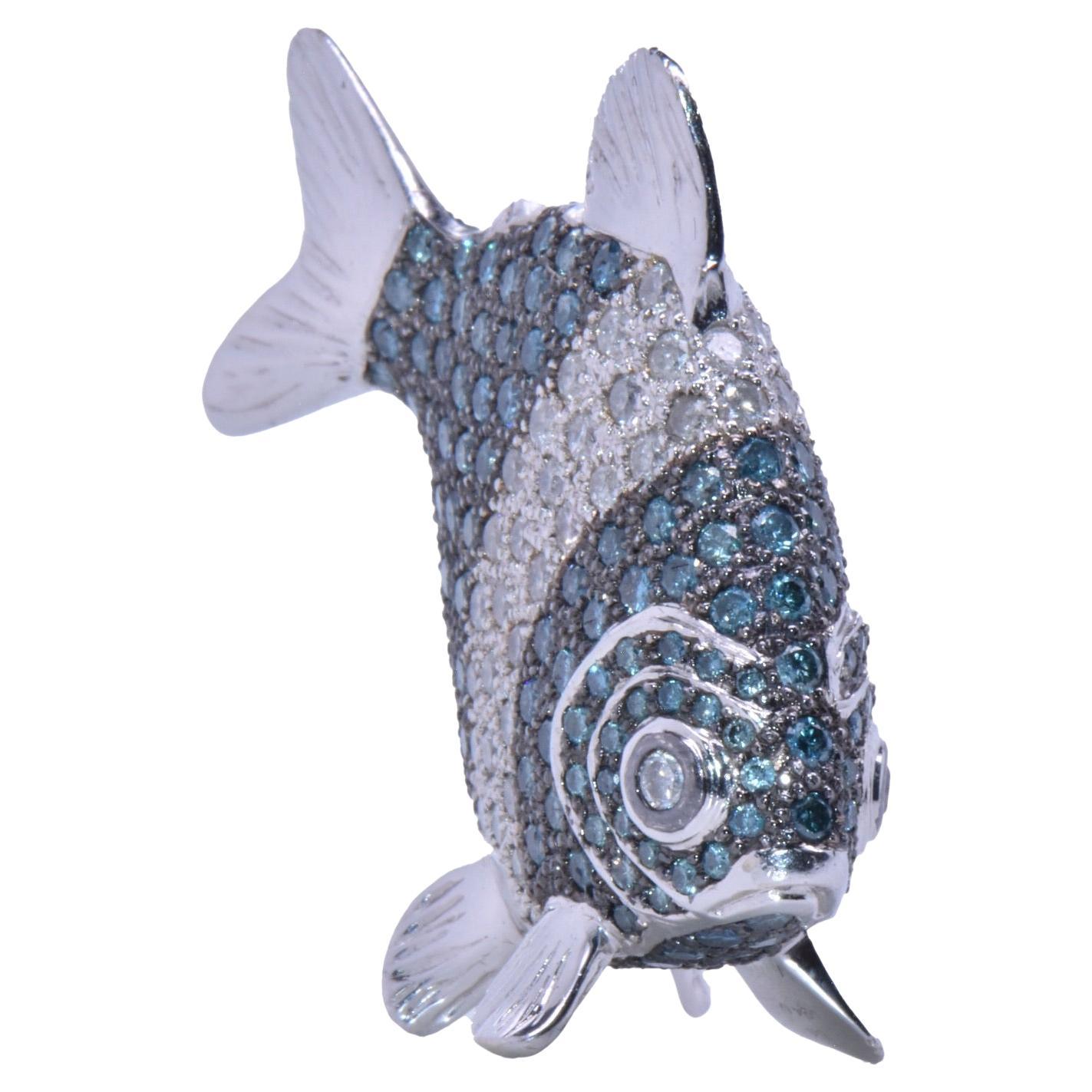 18k White Gold Fish Figurine with 9.20 Carats of White and Blue Diamonds For Sale