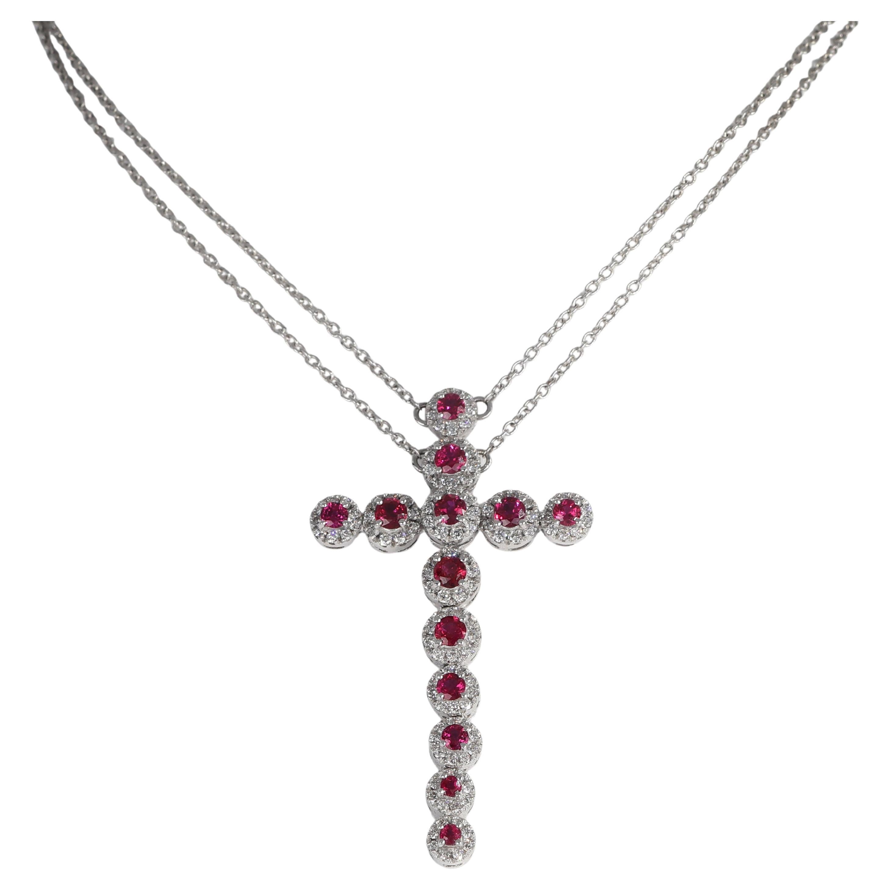 Colgante Cruz Flexible de Oro Blanco de 18 K con Rubíes y Diamantes