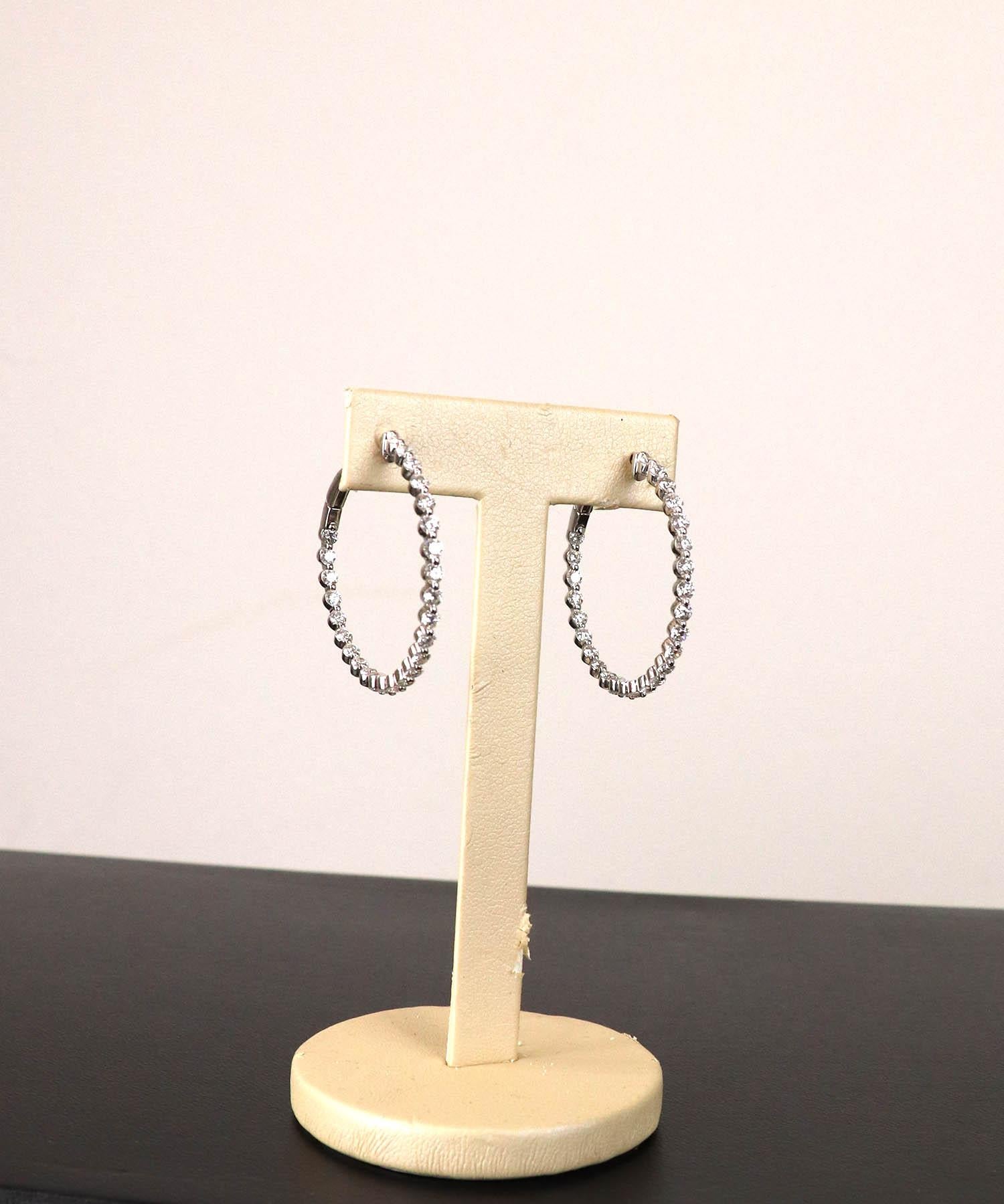 Women's or Men's 18k White Gold Floating Diamond Inside Out Hoop Earrings