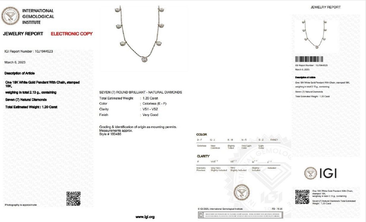 18 Karat Weißgold schwebende Diamant-Halskette mit 1,2 Karat natürlichen Diamanten, IGI-zertifiziert (Rundschliff)