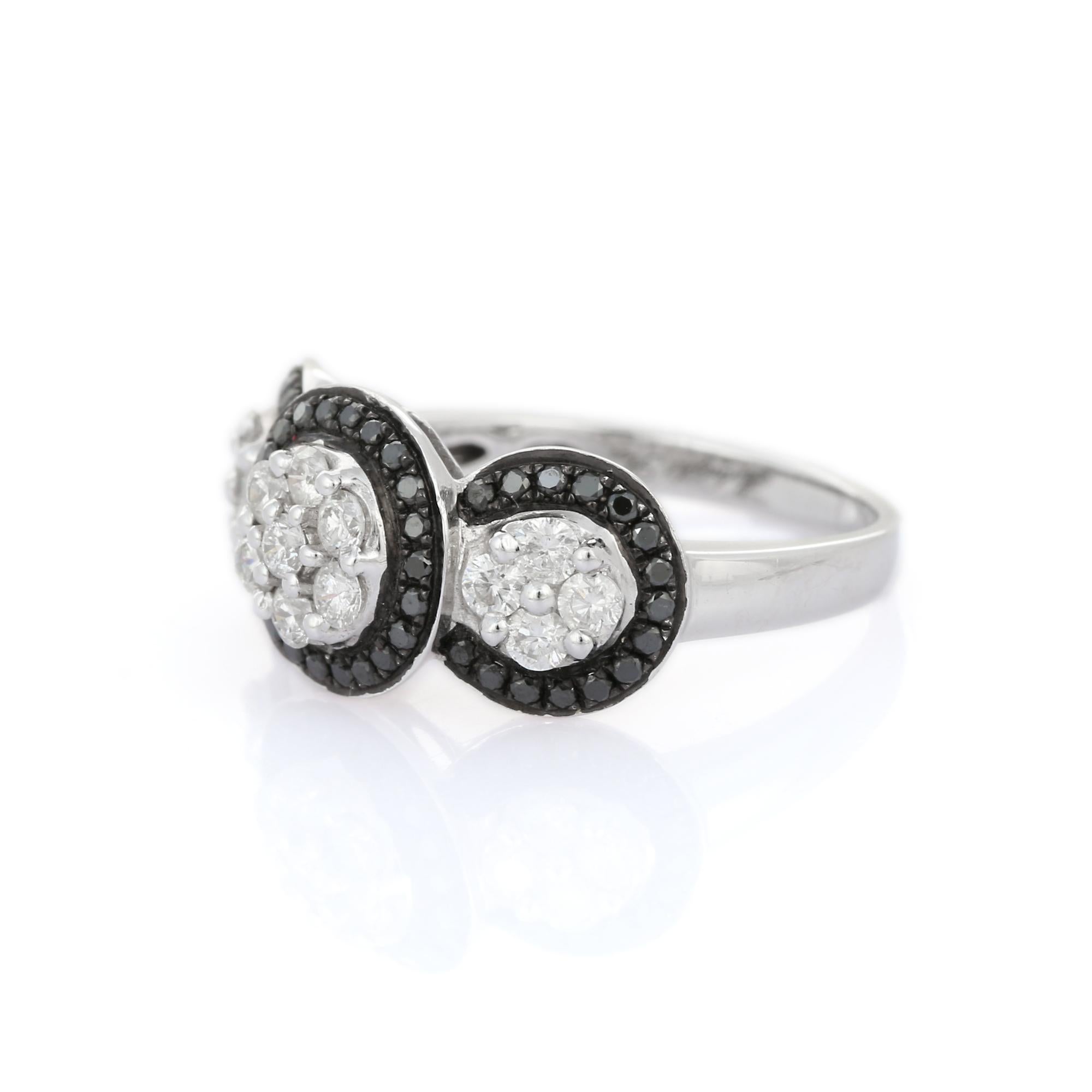 For Sale:  18K White Gold Black White Diamond Three Halo Diamond Ring 3