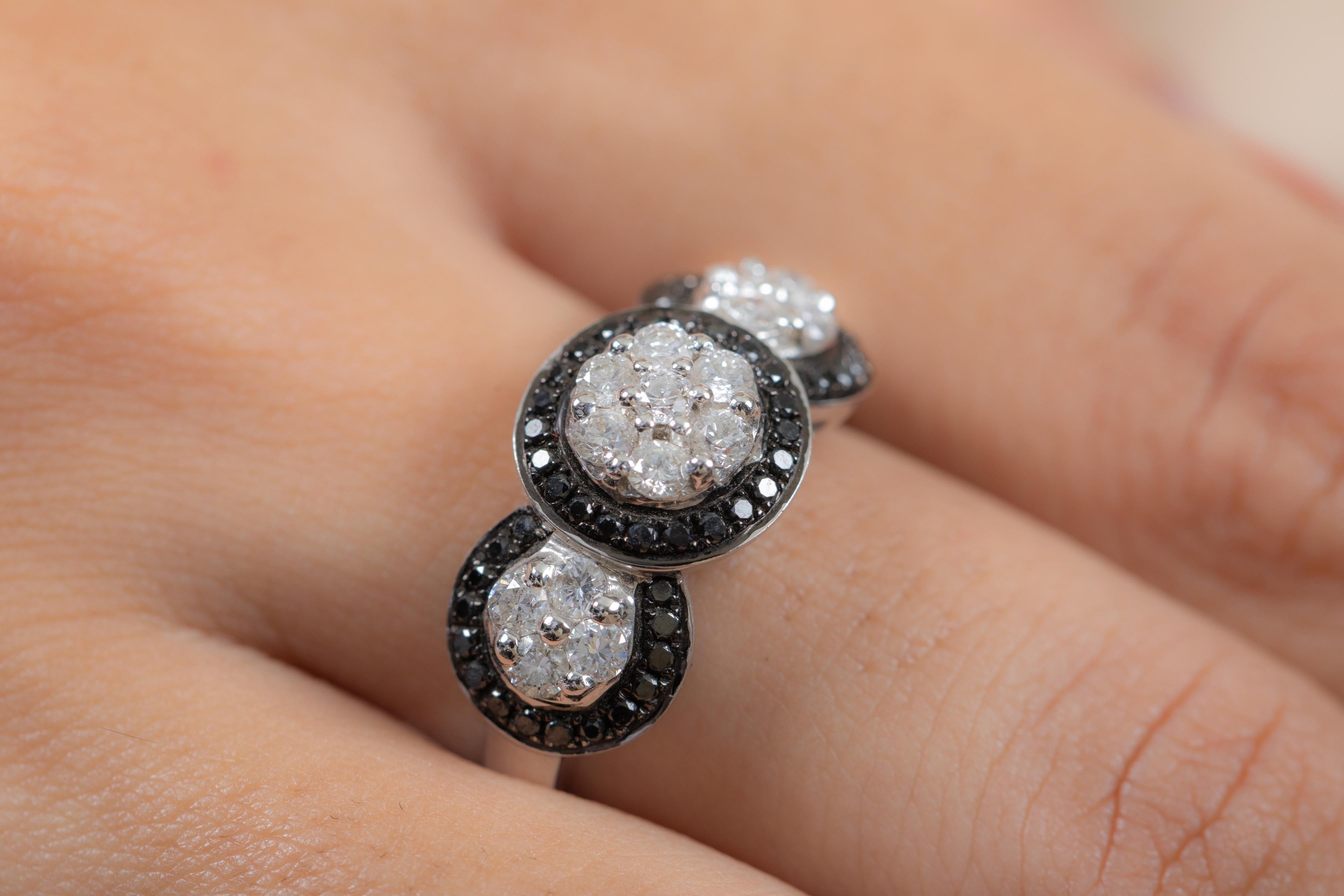 For Sale:  18K White Gold Black White Diamond Three Halo Diamond Ring 2