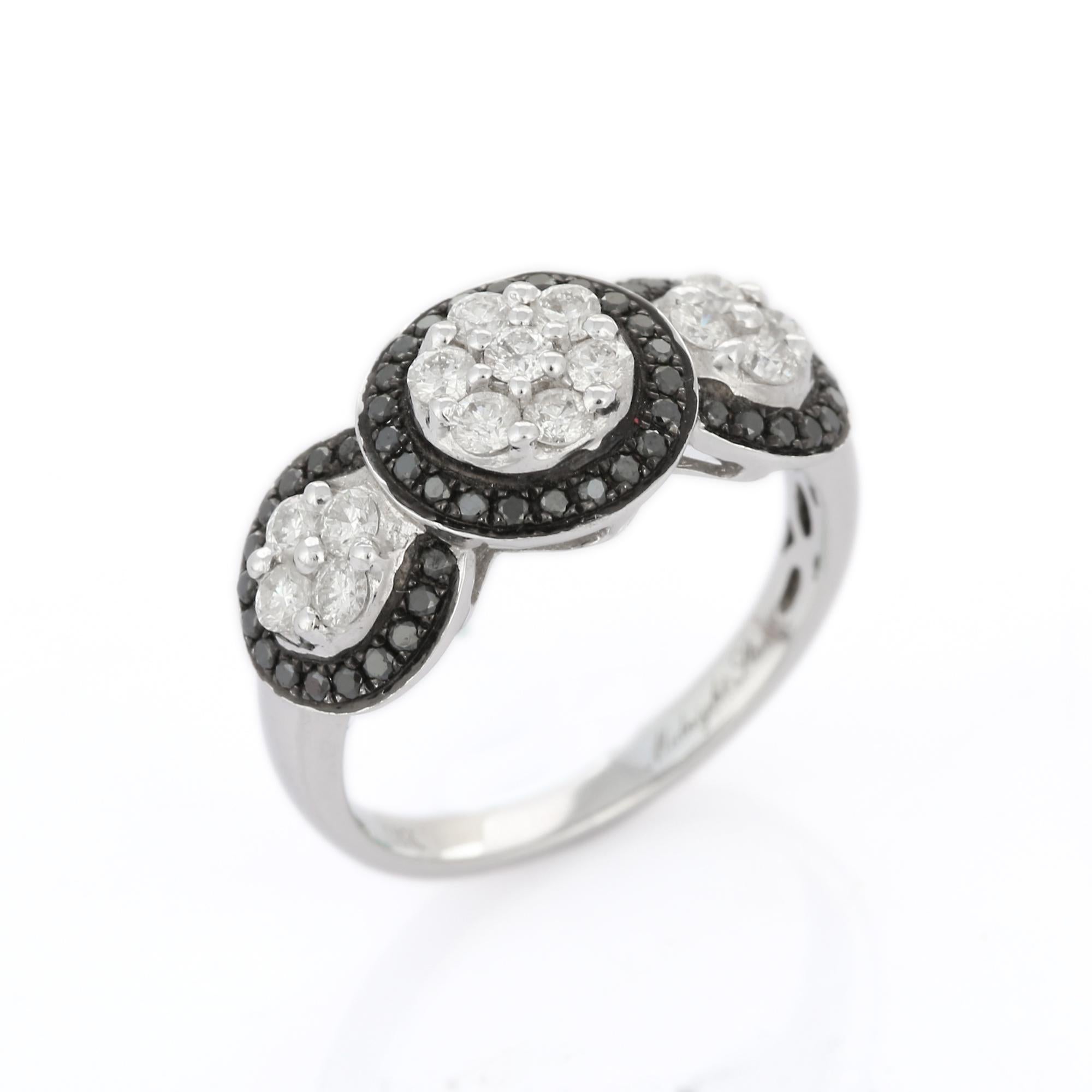 For Sale:  18K White Gold Black White Diamond Three Halo Diamond Ring 7