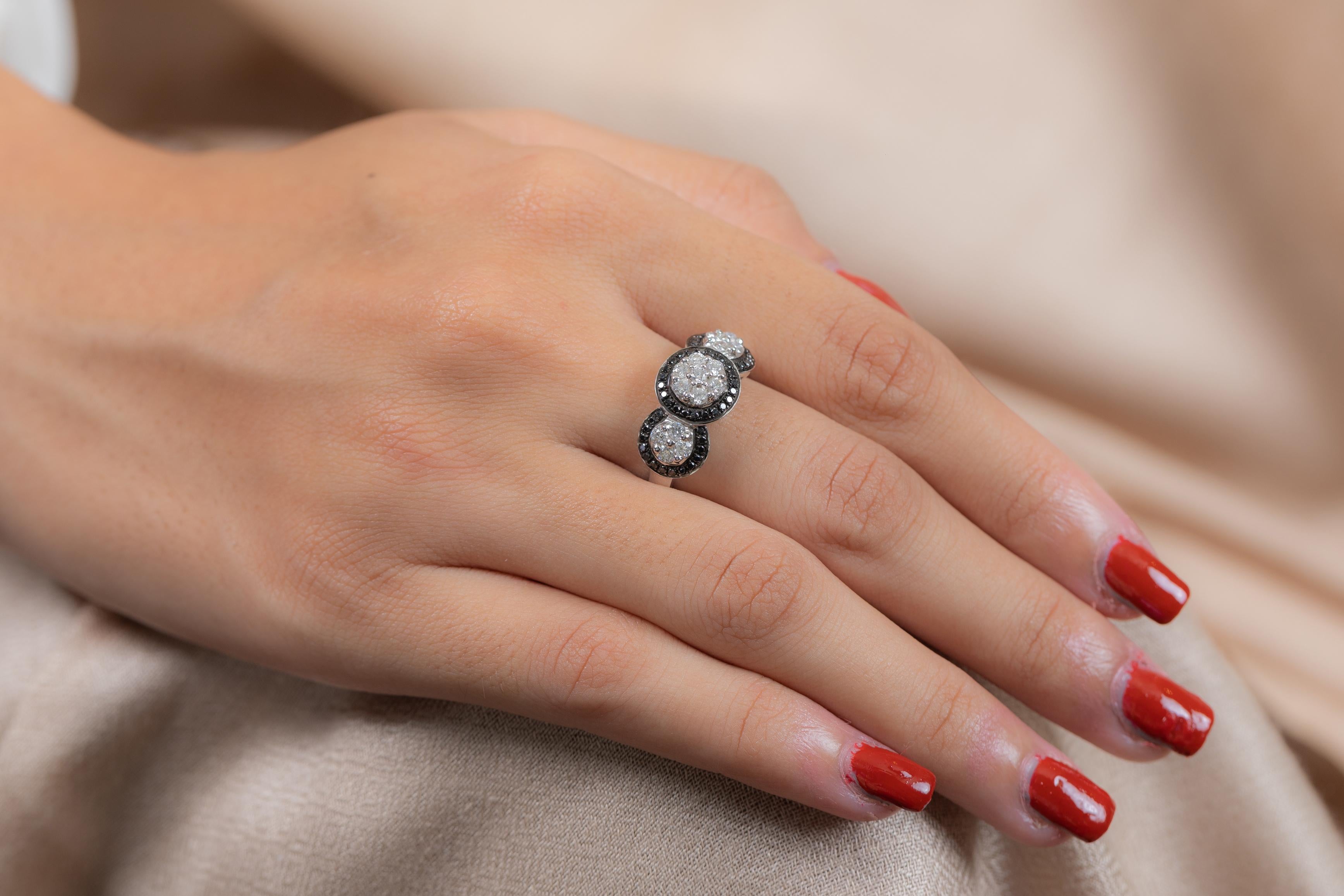 For Sale:  18K White Gold Black White Diamond Three Halo Diamond Ring 4