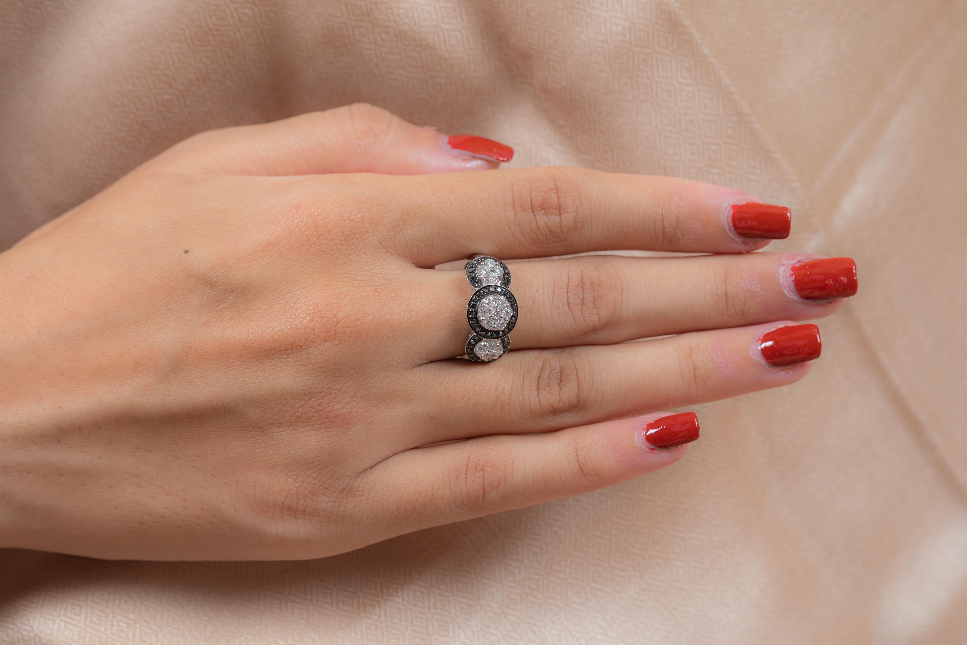 For Sale:  18K White Gold Black White Diamond Three Halo Diamond Ring 6