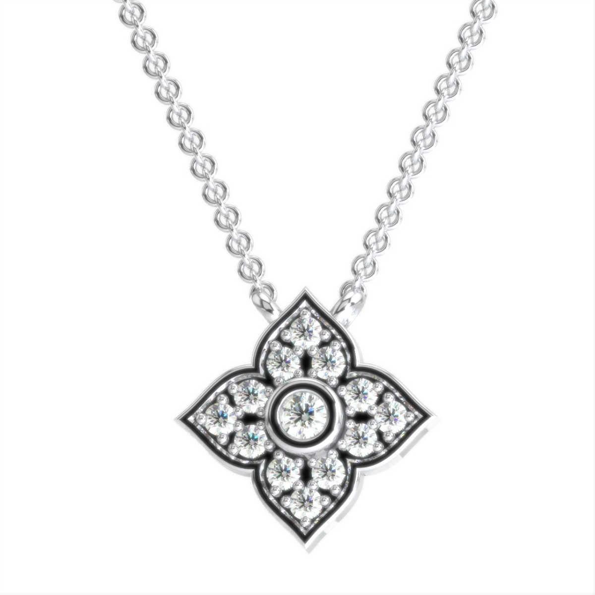 Round Cut 18 Karat White Gold Floral Diamond Necklace '1/5 Carat' For Sale