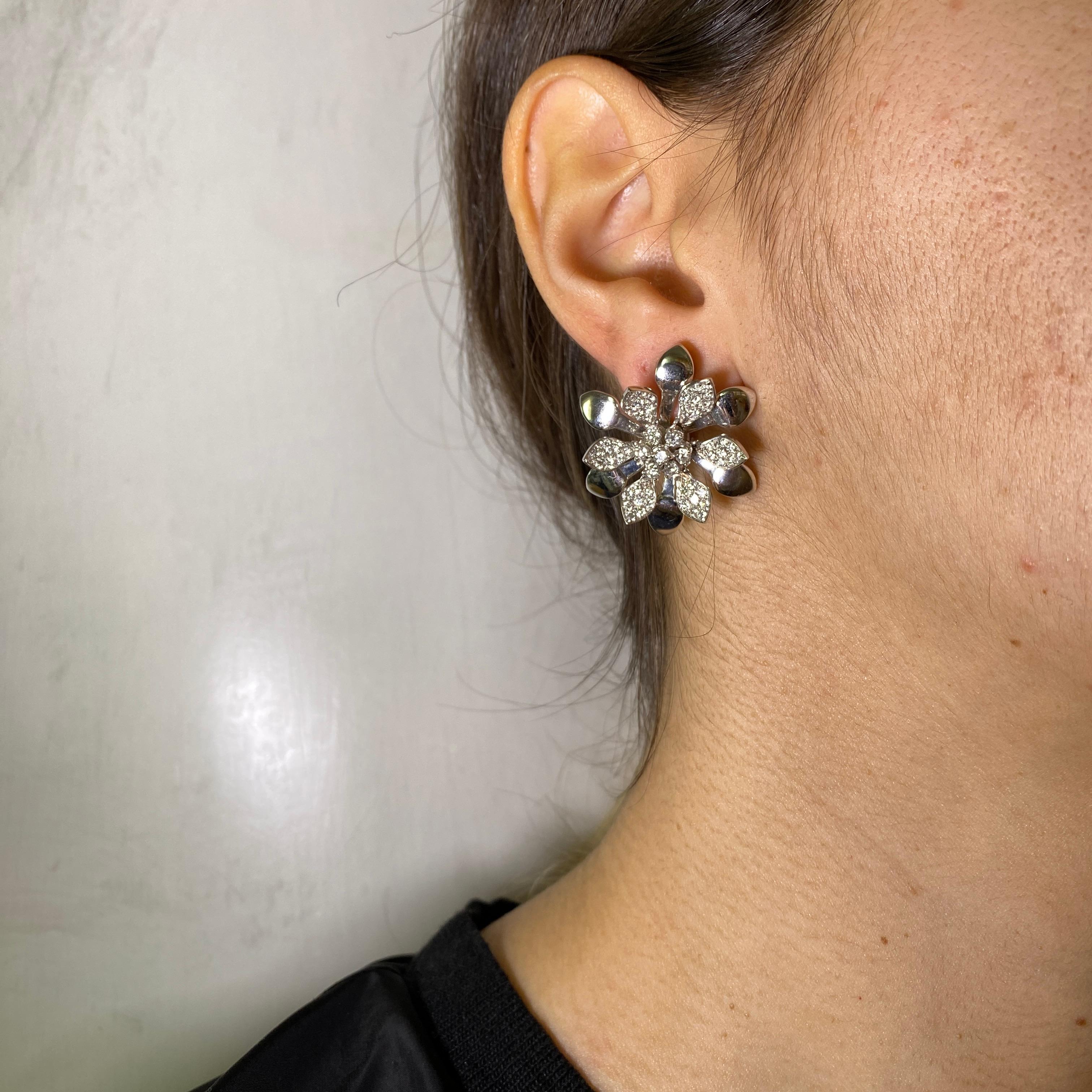 Women's or Men's 18K White Gold Floral Earrings with Diamond Pavé and Moving Petals For Sale