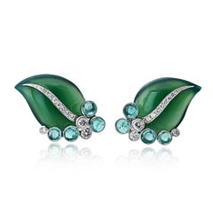 18K White Gold Floral Leaf Green Onyx Diamond Earrings