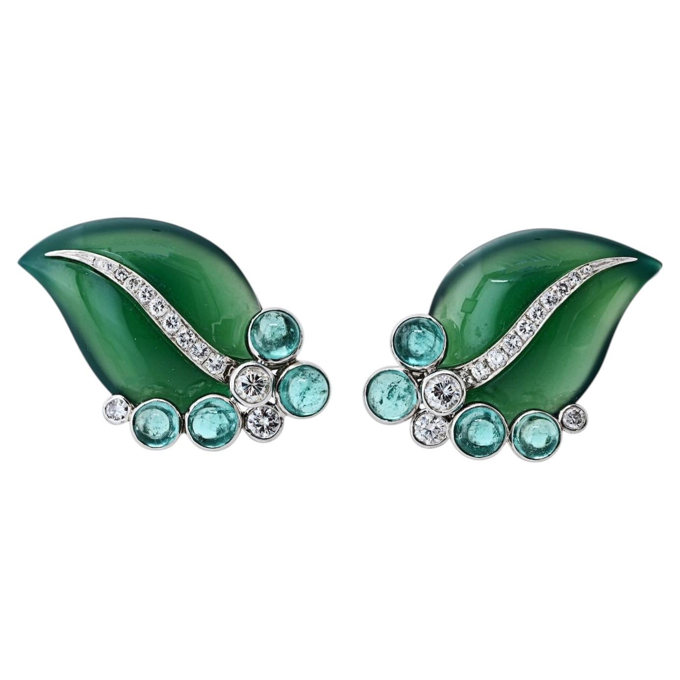 18K White Gold Floral Leaf Green Onyx Diamond Earrings