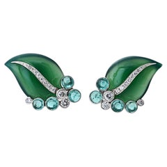 18K White Gold Floral Leaf Green Onyx Diamond Earrings