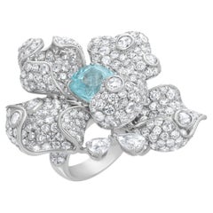 18K White Gold Floral Ring with Rose Cut Diamond and Paraiba