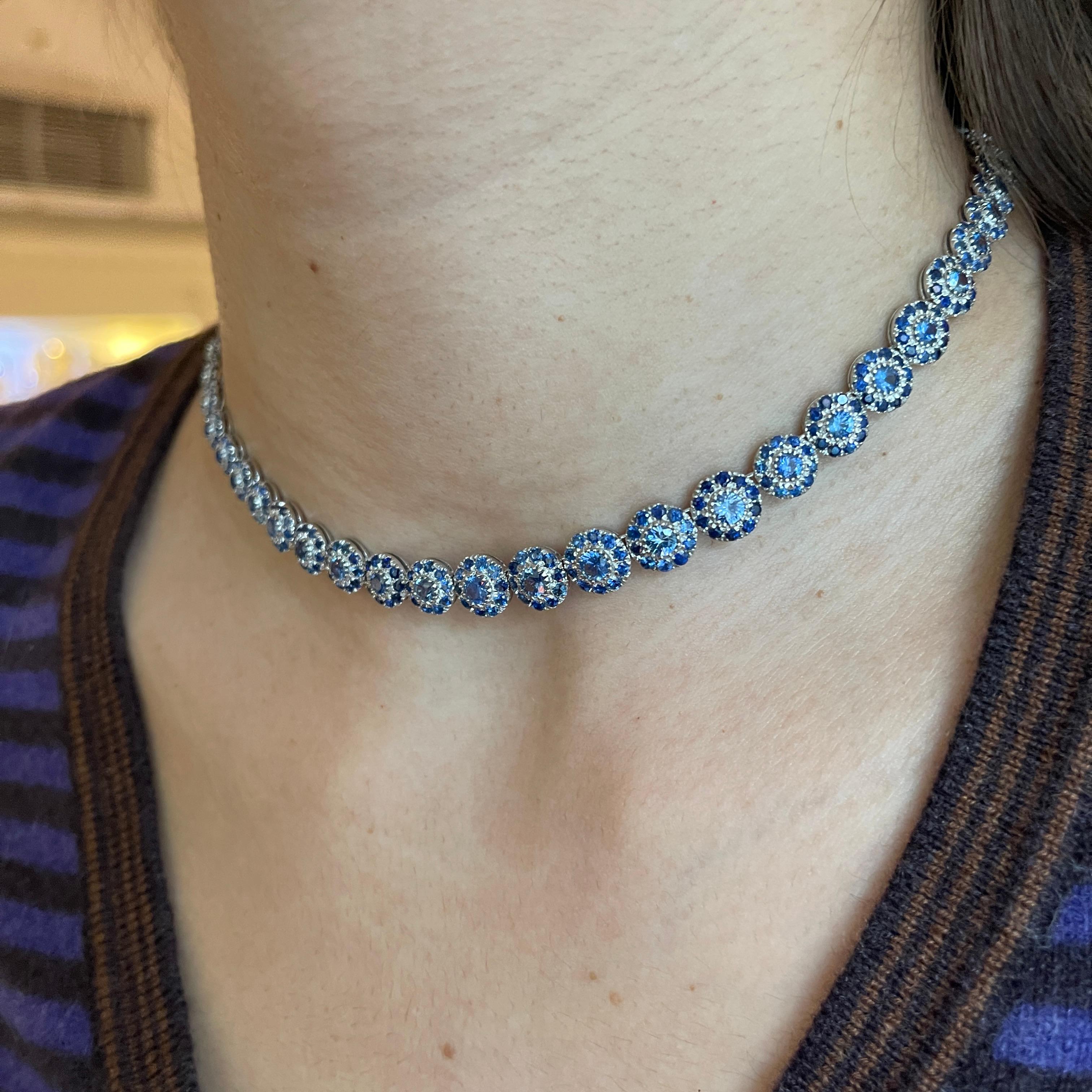 18K White Gold Floral Sapphire Choker Necklace For Sale 5