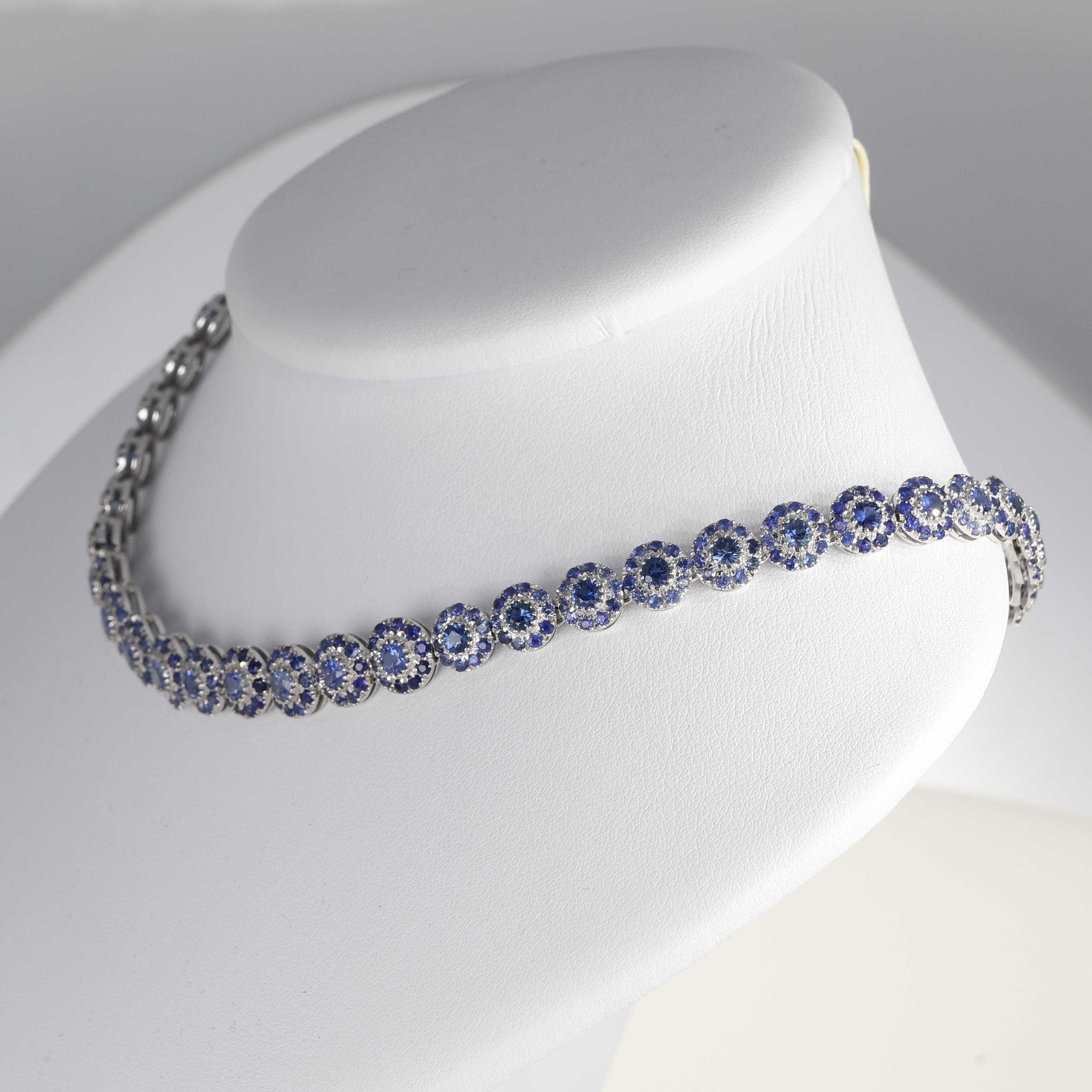 Women's or Men's 18K White Gold Floral Sapphire Choker Necklace For Sale